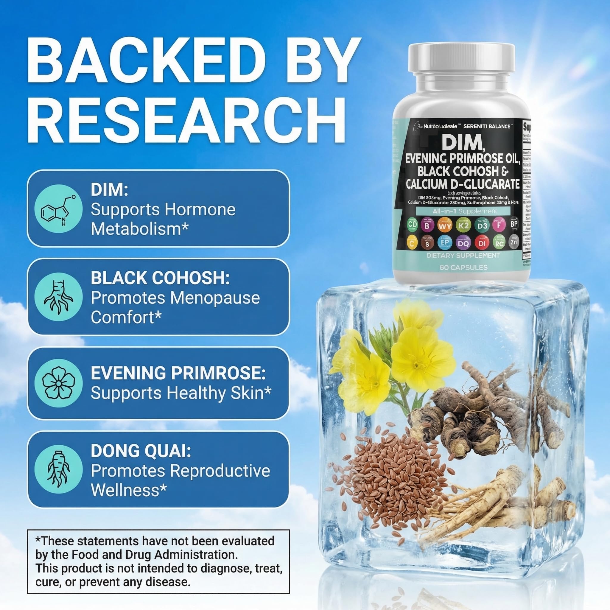 Clean Nutraceuticals ingredientes sobre mesa: onagra, linaza y hierbas como enfoque integral