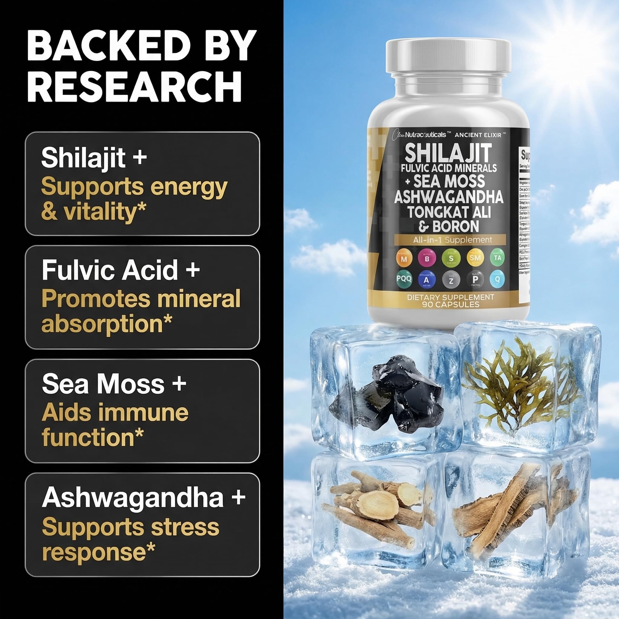 Placa con ingredientes clave: shilajit, sea moss, tongkat ali, ashwagandha por Clean Nutraceuticals