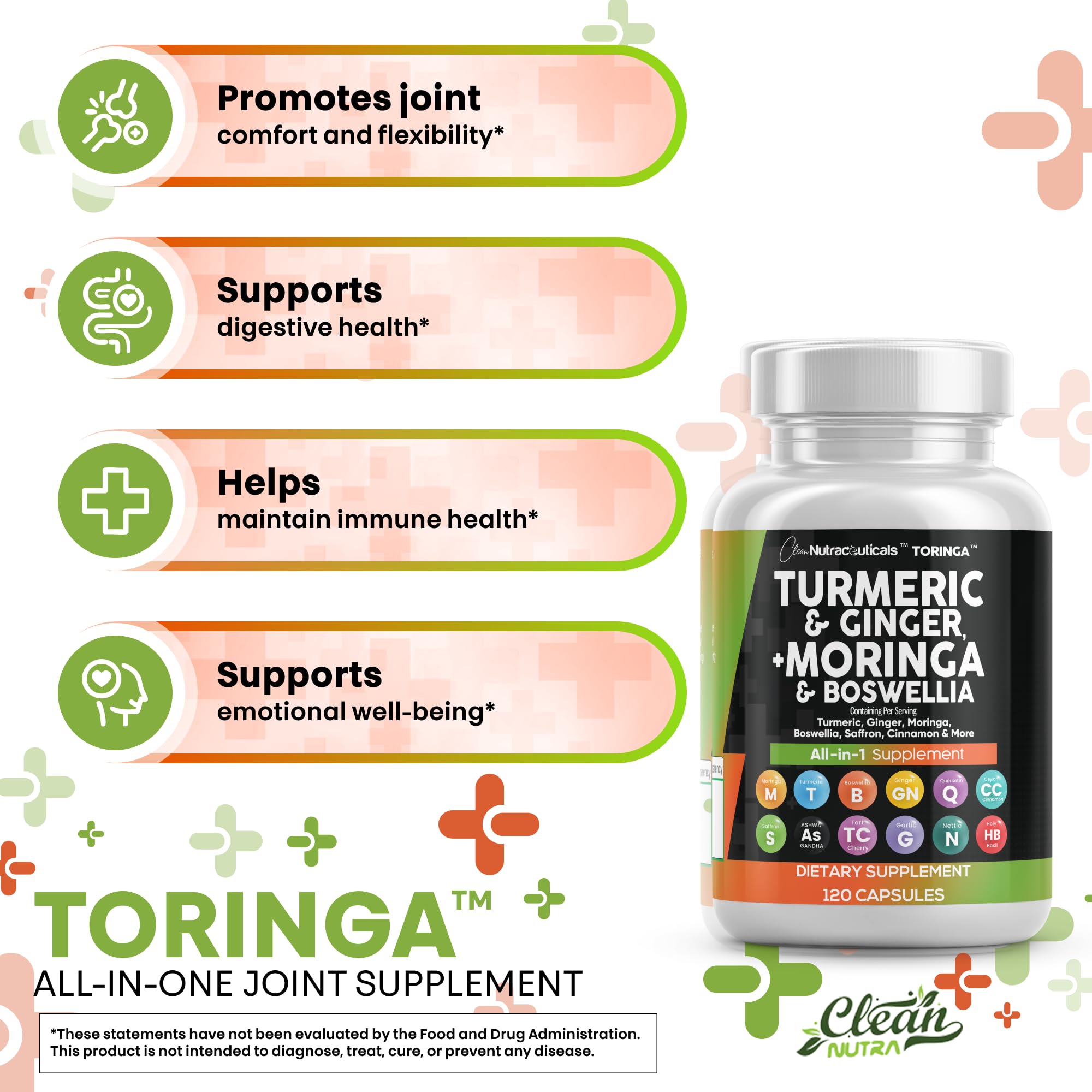 Clean Nutraceuticals cúrcuma, moringa y jengibre alineados mostrando ingredientes clave