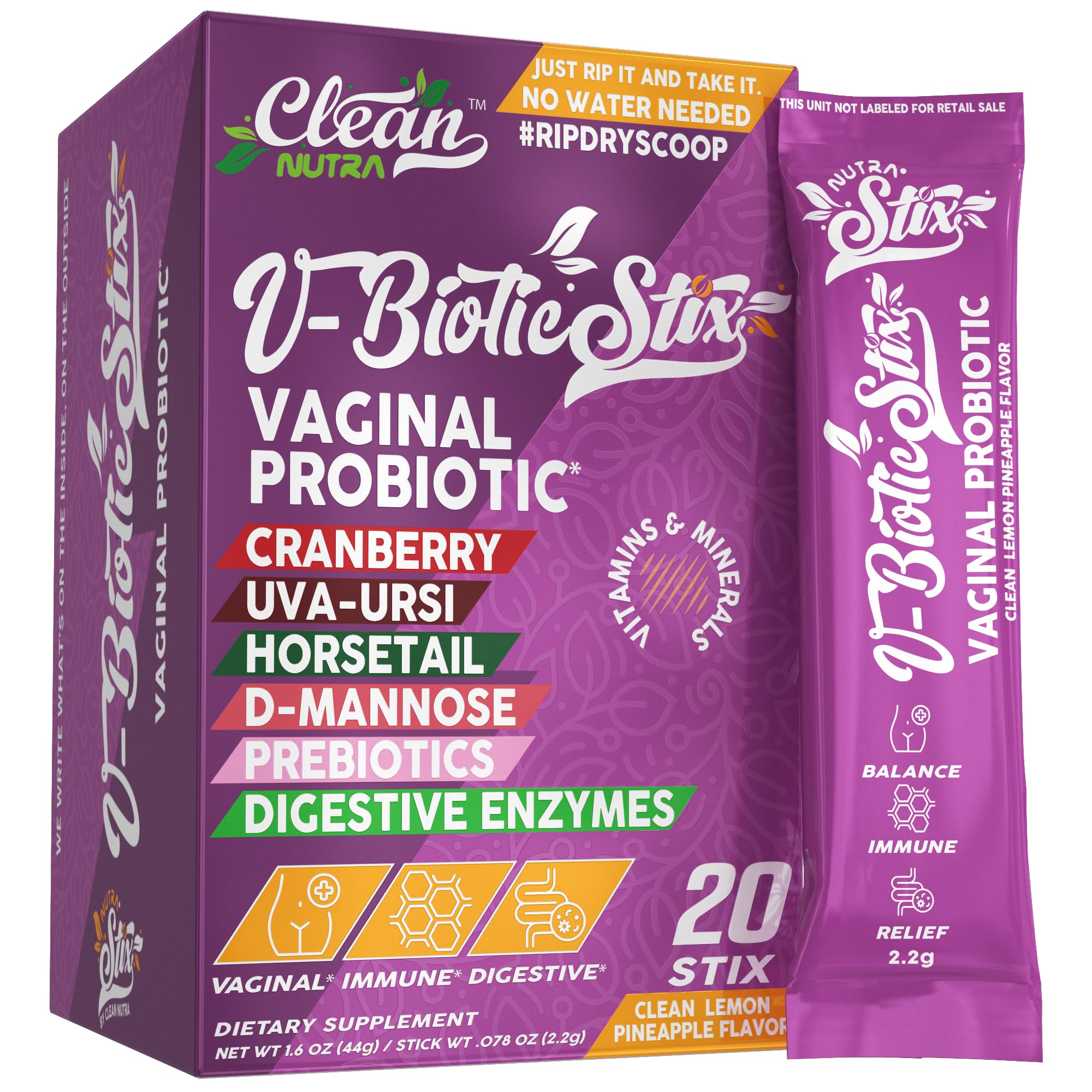 Clean Nutraceuticals paquete frontal mostrando 20 stix y beneficios claros