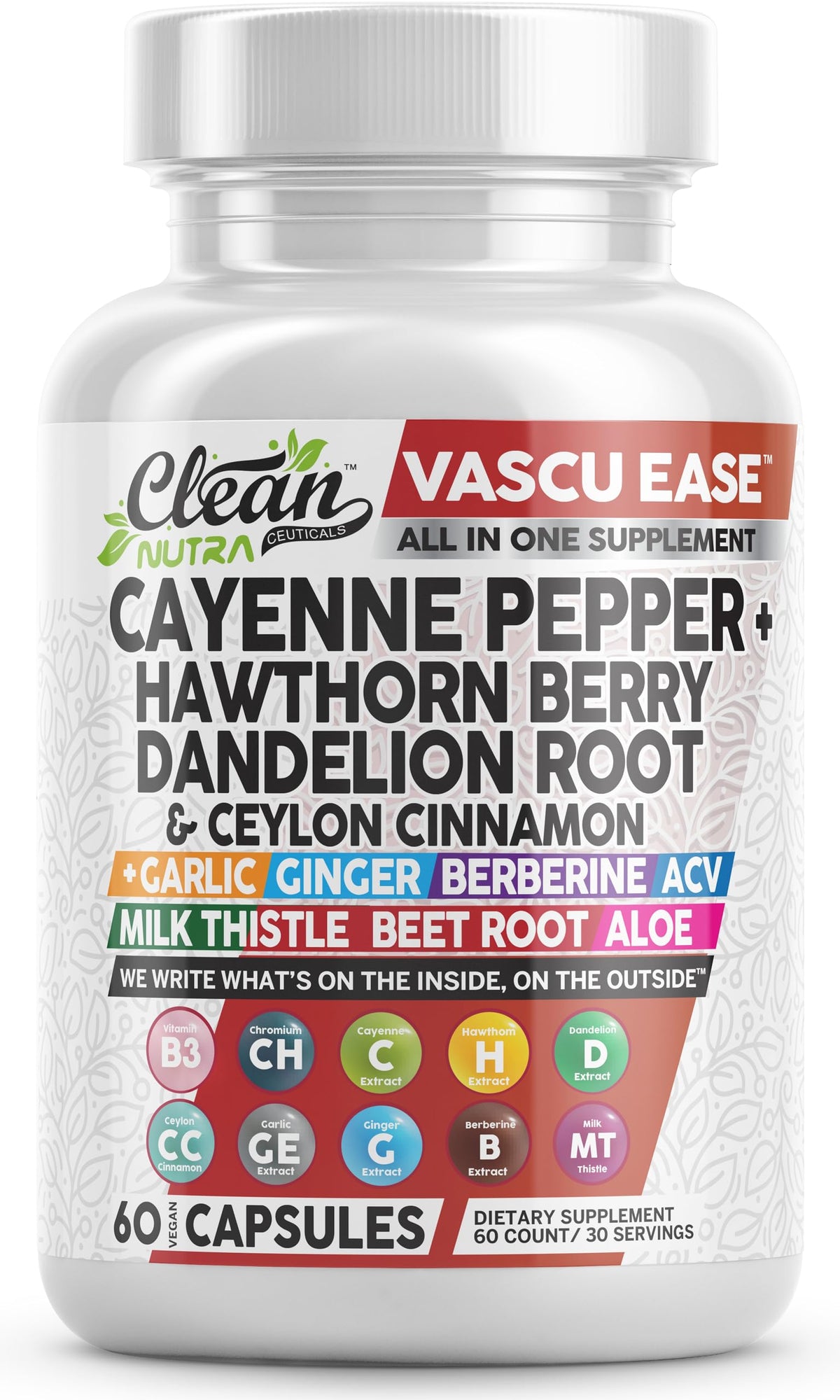 Clean Nutraceuticals frasco frontal del producto muestra etiqueta clara y práctica