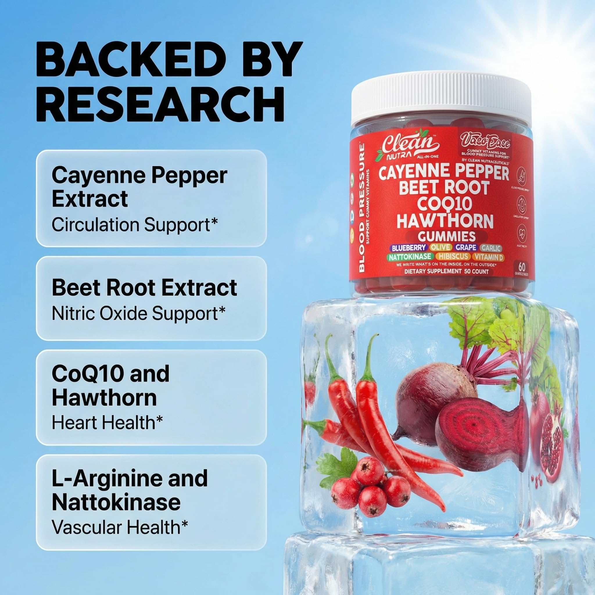 Clean Nutraceuticals corte de gomita VasoEase para mostrar textura y color