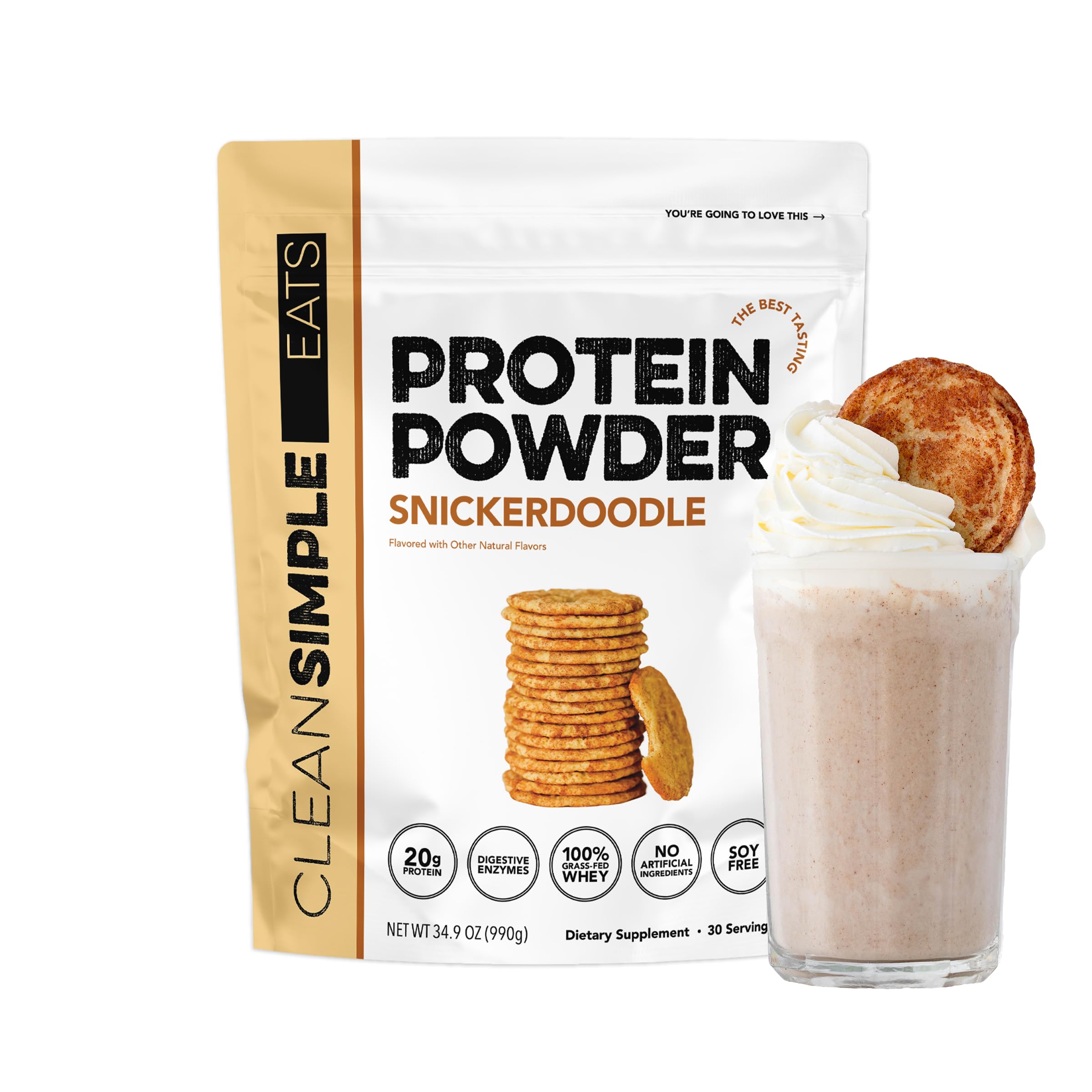 Clean Simple Eats frente del envase mostrando sabor snickerdoodle y conveniencia