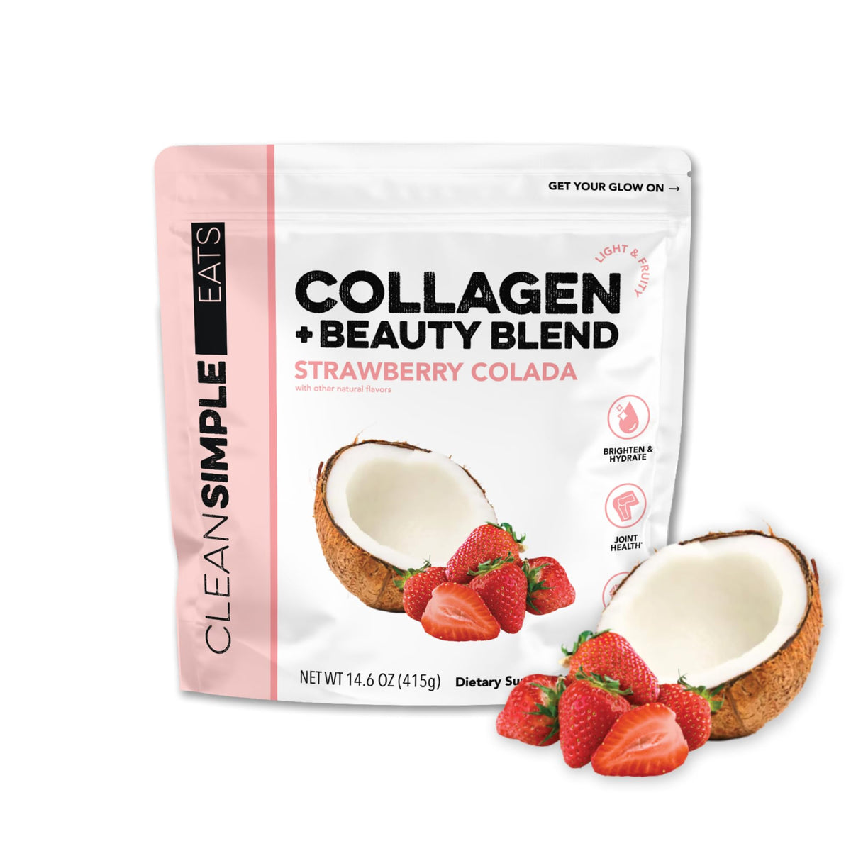 Clean Simple Eats envase frontal mostrando etiqueta y sabor fresa colada beneficios visuales