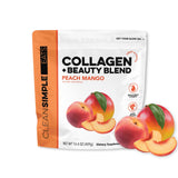 Clean Simple Eats frontal del paquete Collagen + Beauty Blend mostrando sabor Peach Mango y beneficios