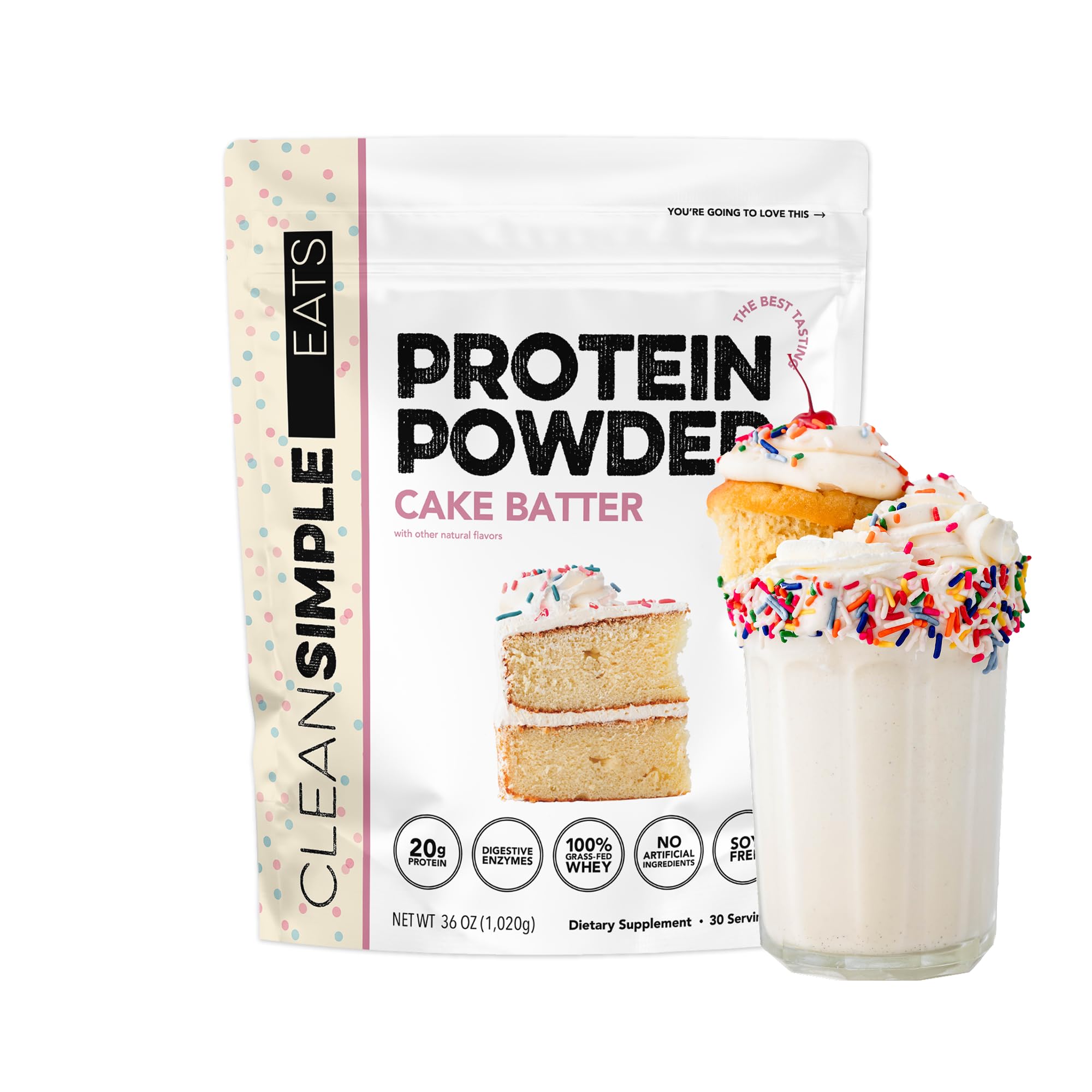 Clean Simple Eats paquete frontal Cake Batter mostrando etiqueta clara y beneficios