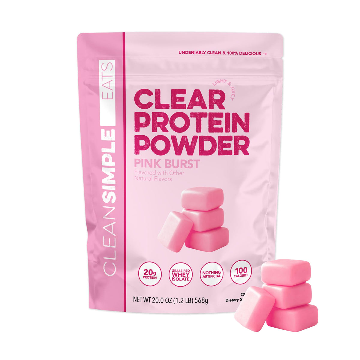 Clean Simple Eats frasco Pink Burst mostrado al frente con etiqueta clara