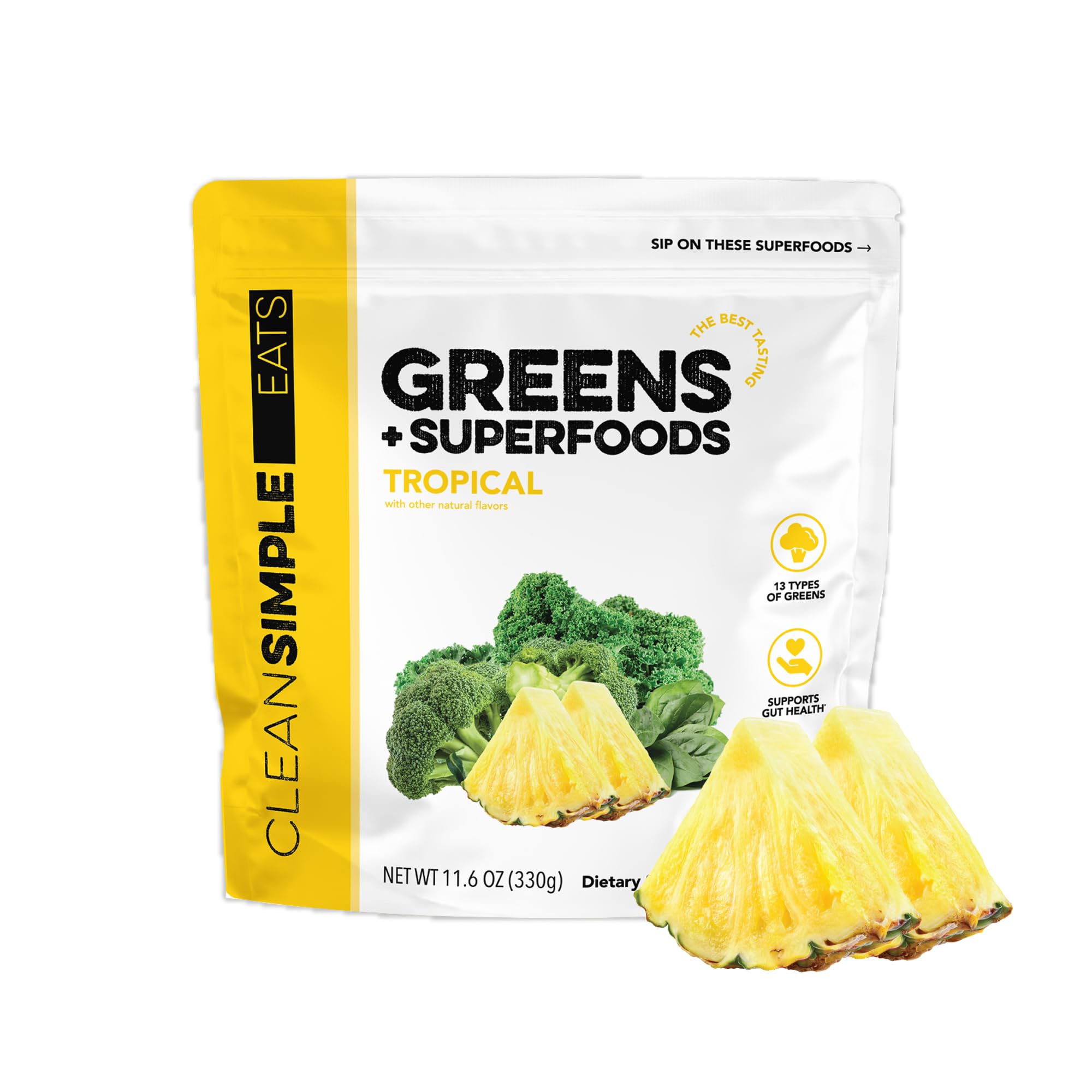 Clean Simple Eats frontal del envase mostrando sabor tropical y claridad de ingredientes