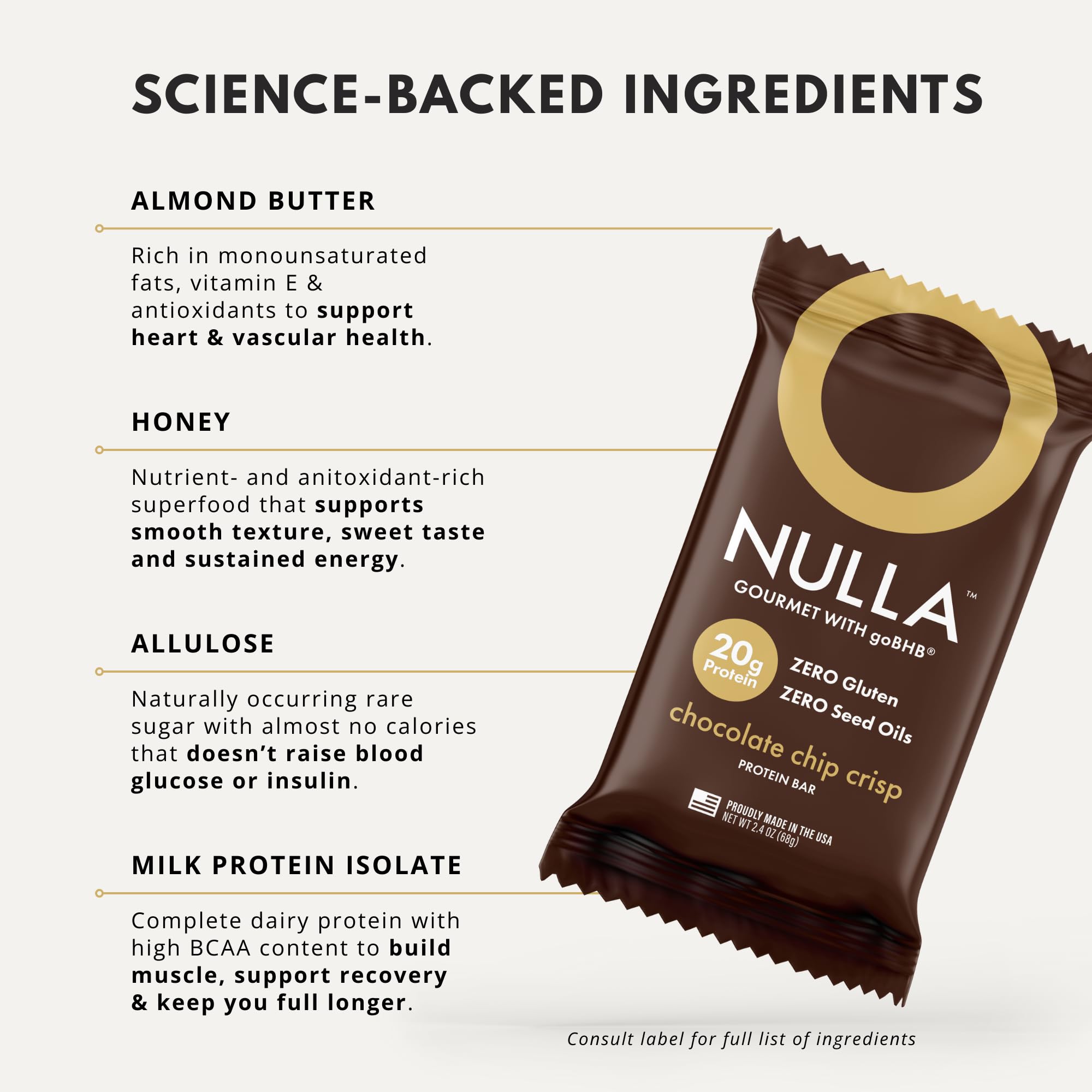 Etiqueta nutricional de Nulla Gourmet Protein Bar con información clara CleanForm