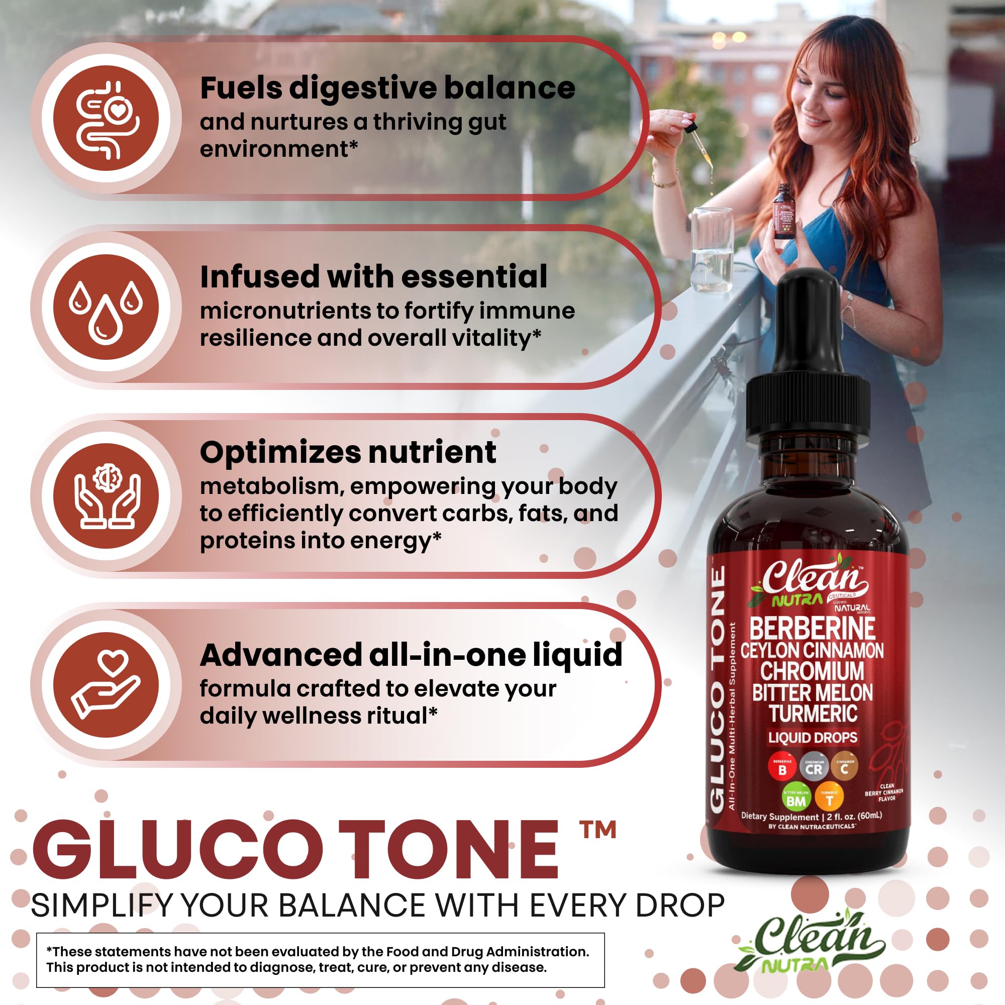 Frasco de Gluco Tone en mano para mostrar escala y cantidad por dosis