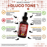 Etiqueta de Gluco Tone con lista de ingredientes y beneficios visibles