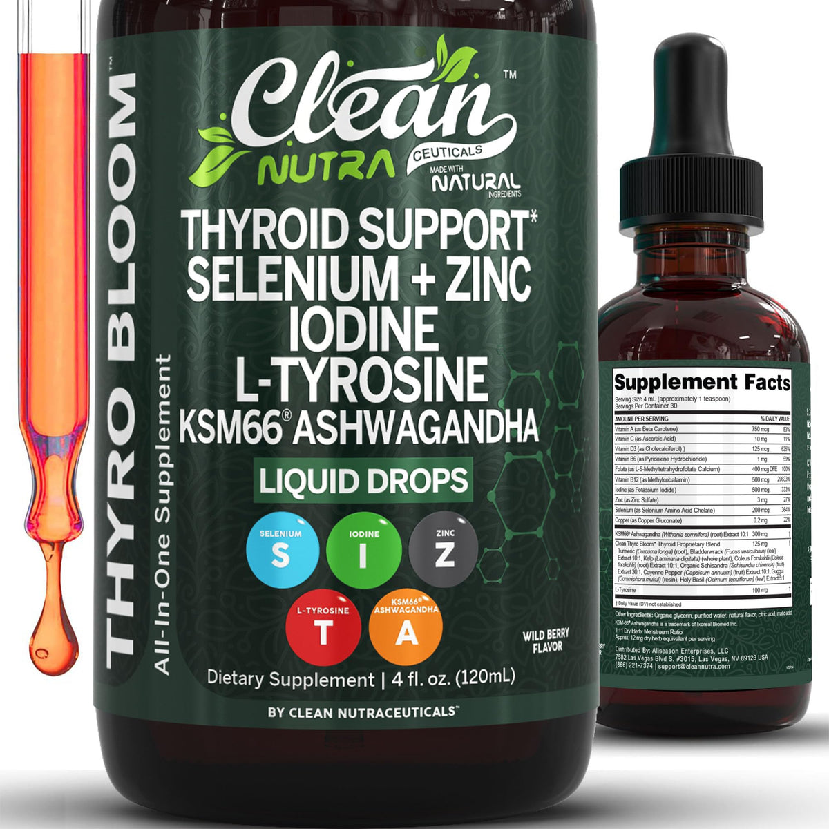 Clean Nutraceuticals frasco ThyroBloom frontal mostrando etiqueta y volumen