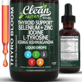 Clean Nutraceuticals frasco ThyroBloom frontal mostrando etiqueta y volumen