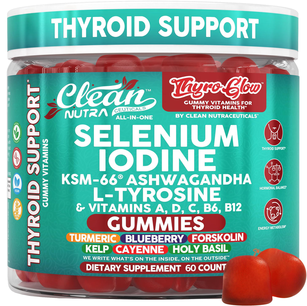 Clean Nutraceuticals ThyroGlow frasco frontal mostrando sello y beneficio soporte tiroideo