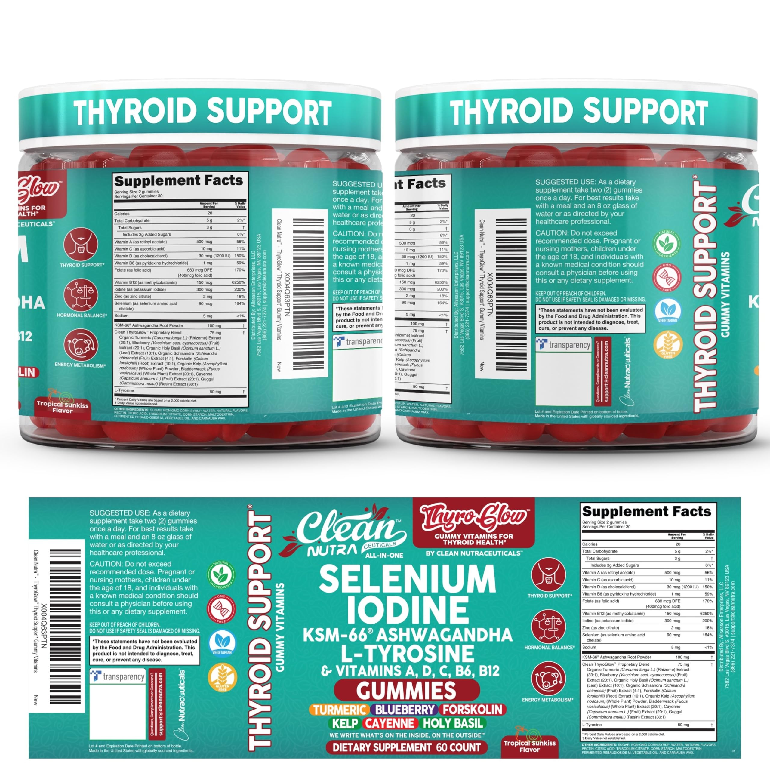 Clean Nutraceuticals ThyroGlow ingredientes naturales: kelp, ashwagandha, cúrcuma visual