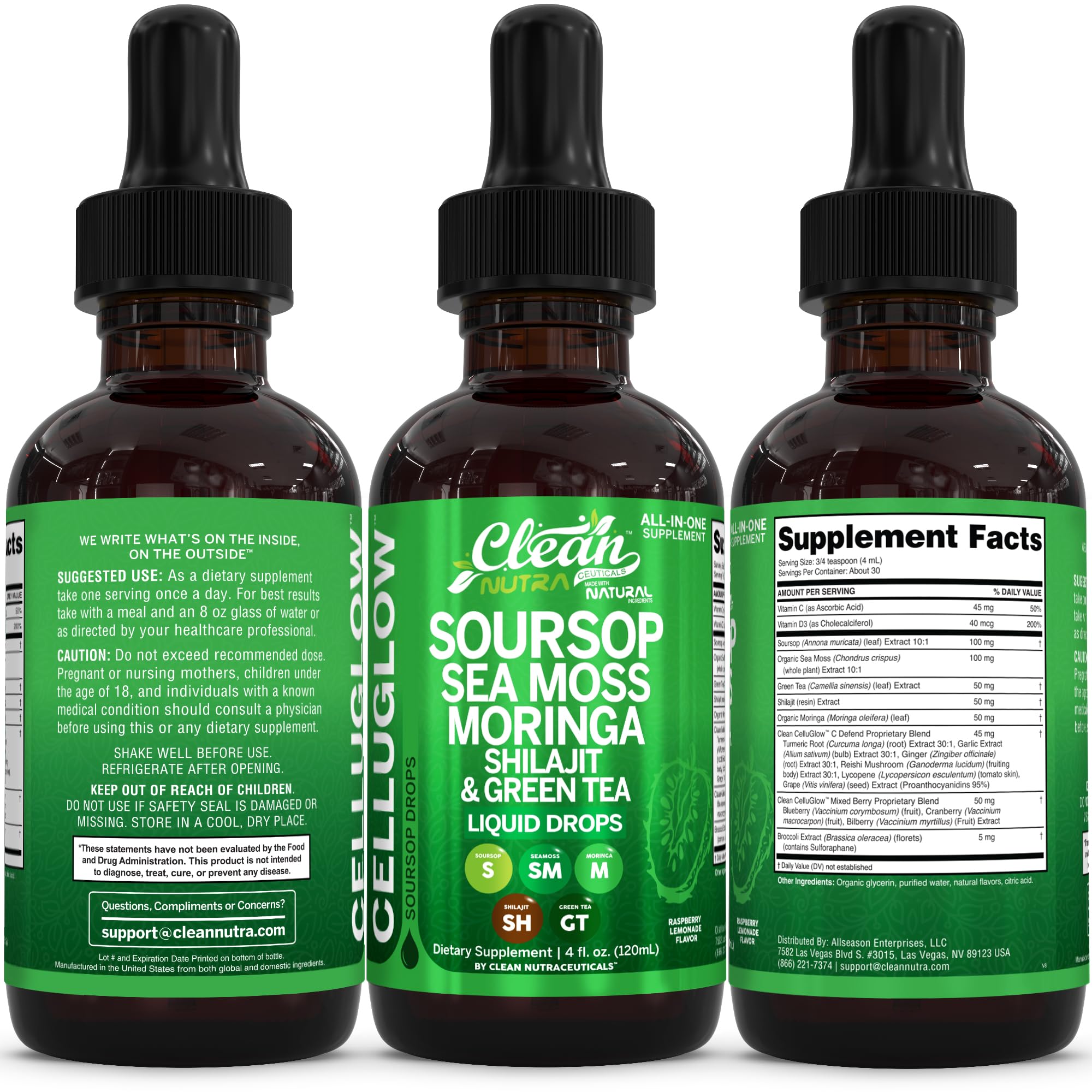 Clean Nutraceuticals pila de ingredientes: soursop, sea moss, moringa, shilajit
