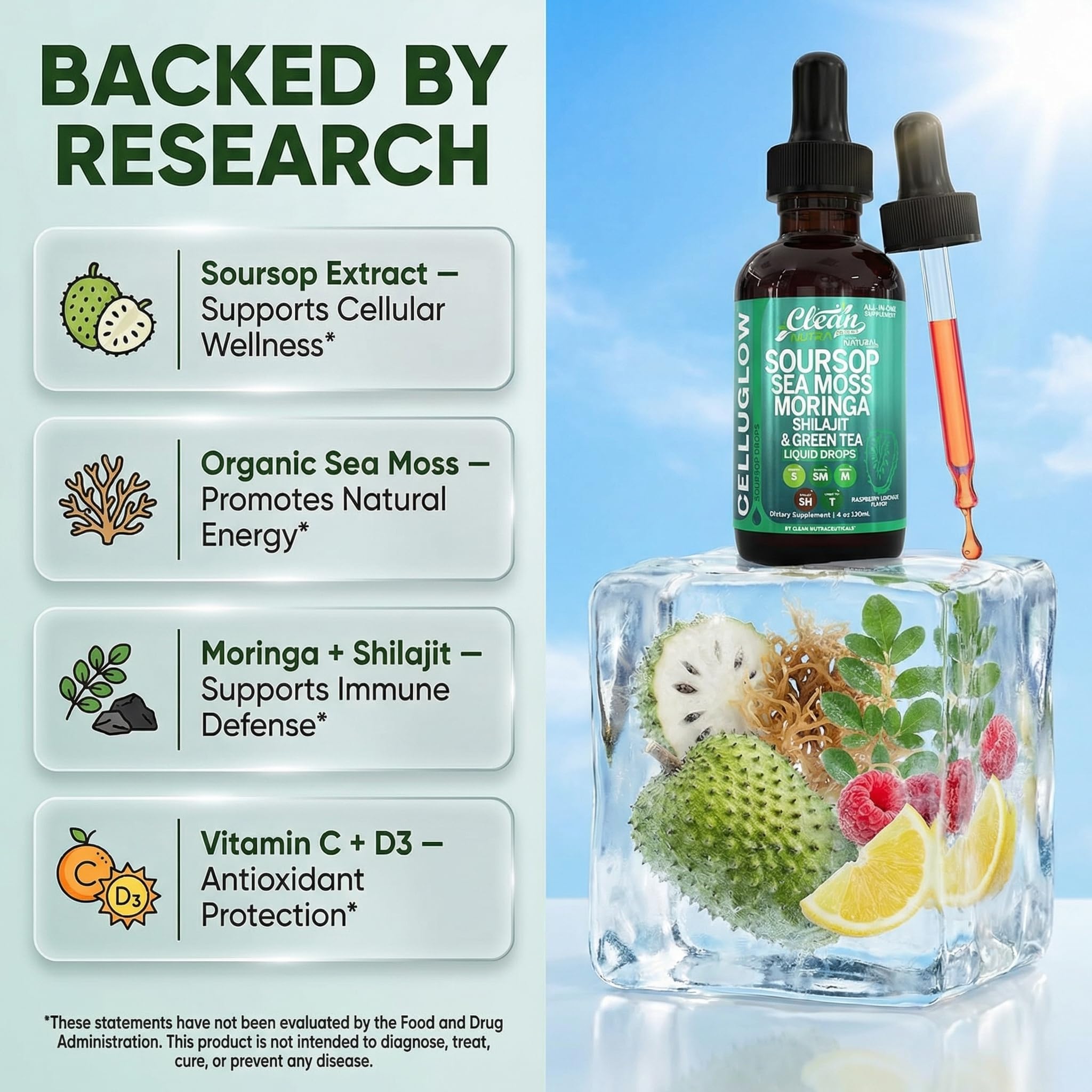 Clean Nutraceuticals gota de CelluGlow textura líquida y aspecto concentrado