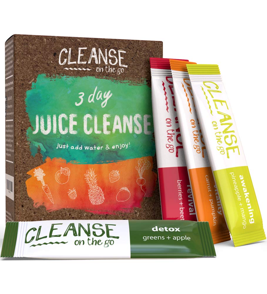 CLEANSE on the go frontal de la caja mostrando sobres y variedad, conveniencia inmediata