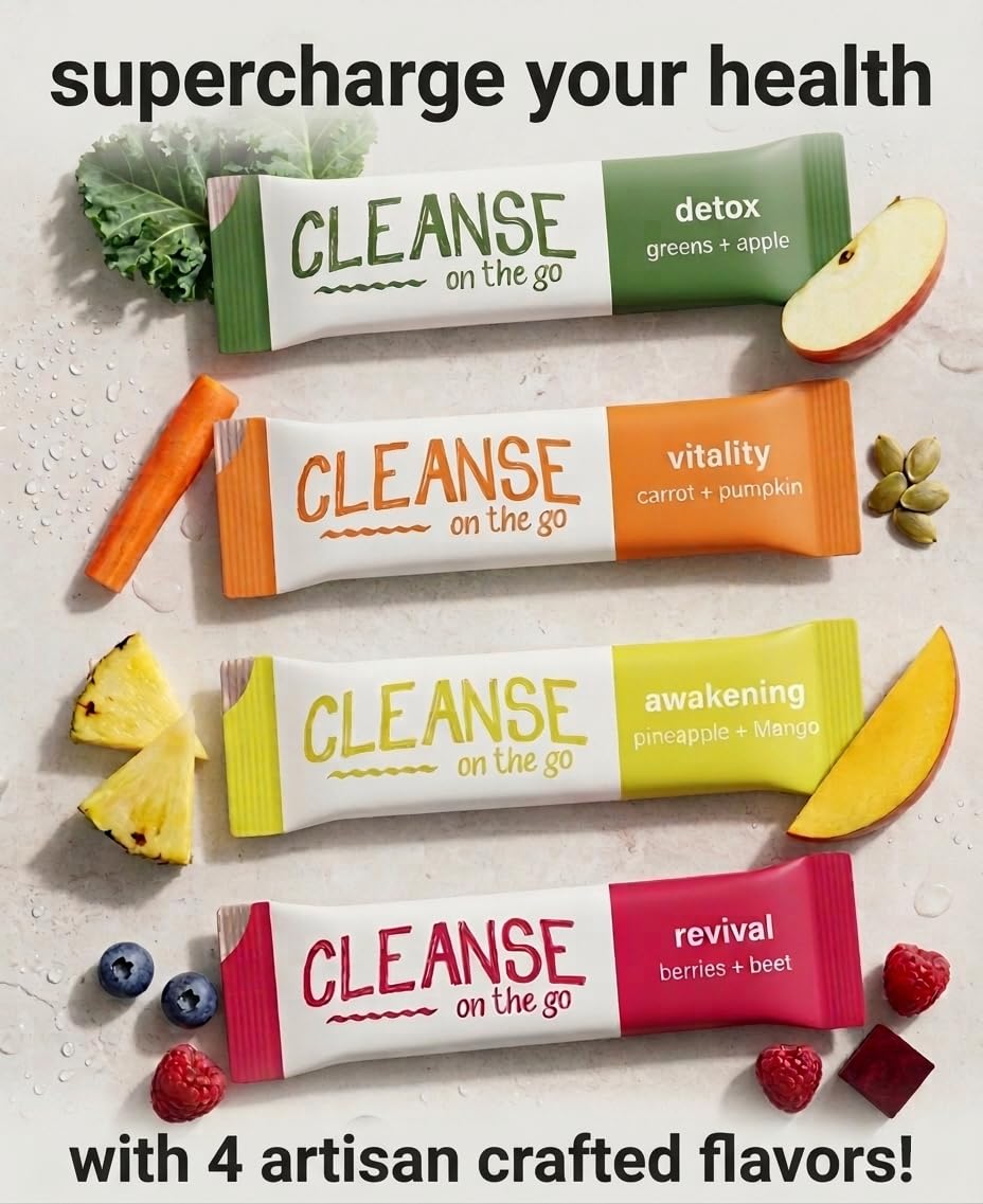 CLEANSE on the go sobre abierto con polvo visible, práctico para mezclar con agua