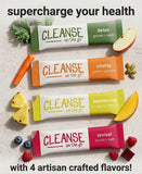 CLEANSE on the go sobre abierto con polvo visible, práctico para mezclar con agua