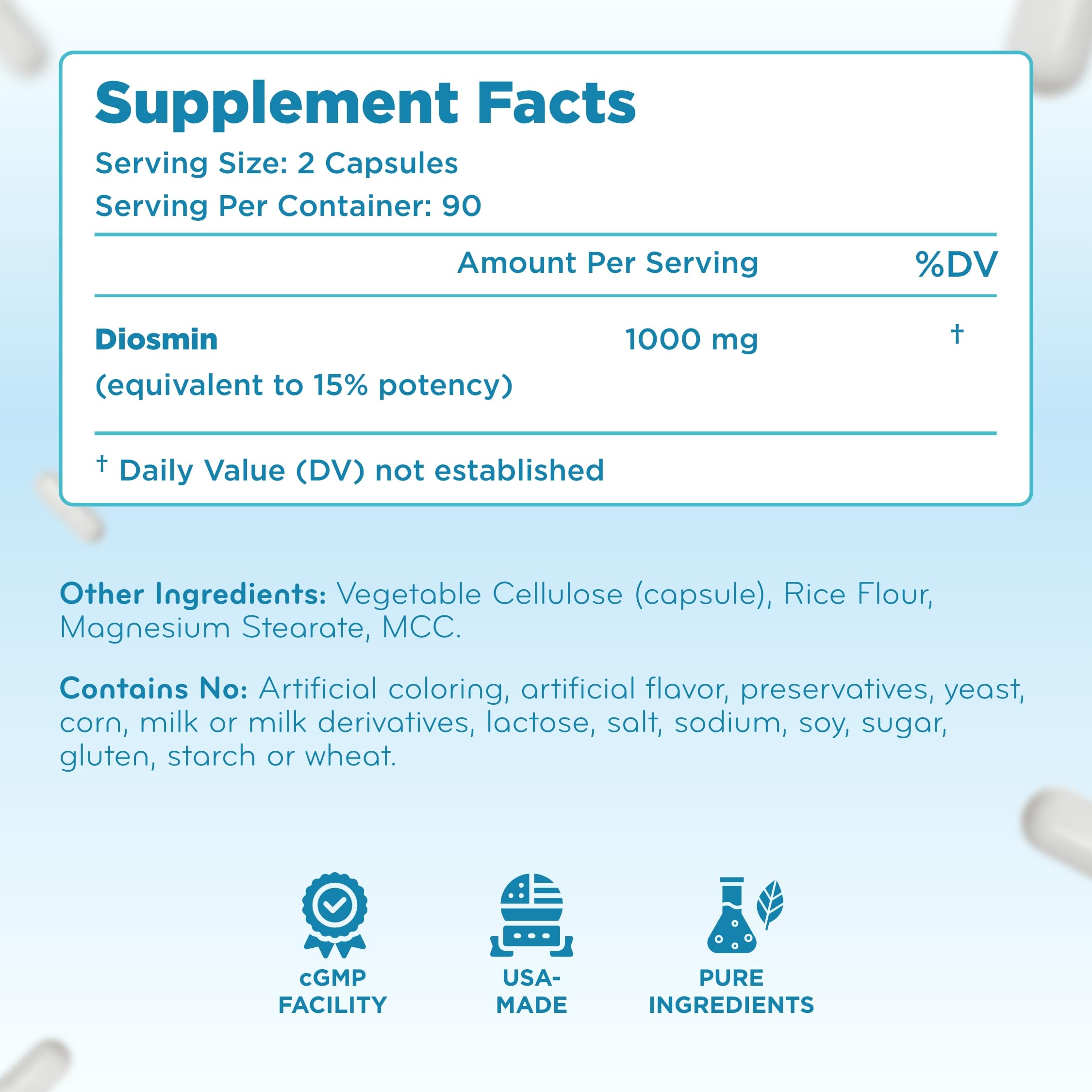 Etiqueta nutricional de Clear Formulas diosmin mostrando ingredientes y dosis