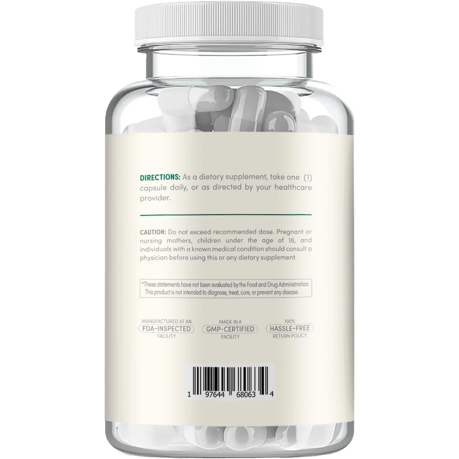 Botella Clear Formulas en mano para mostrar escala y conveniencia de 120 cápsulas