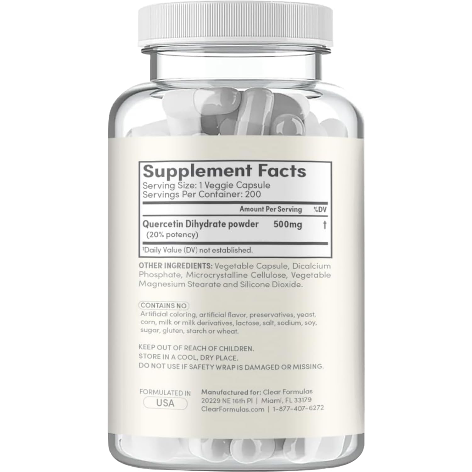 Clear Formulas polvo de quercetina dihidrato, detalle de pureza y molienda fina
