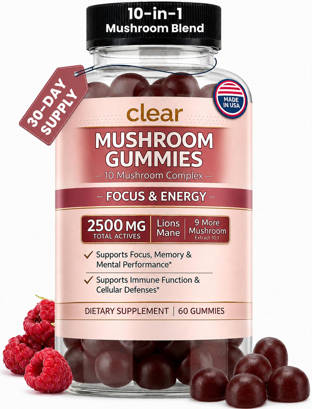 Clear Probiotics frasco frontal mostrando etiqueta y beneficio de enfoque