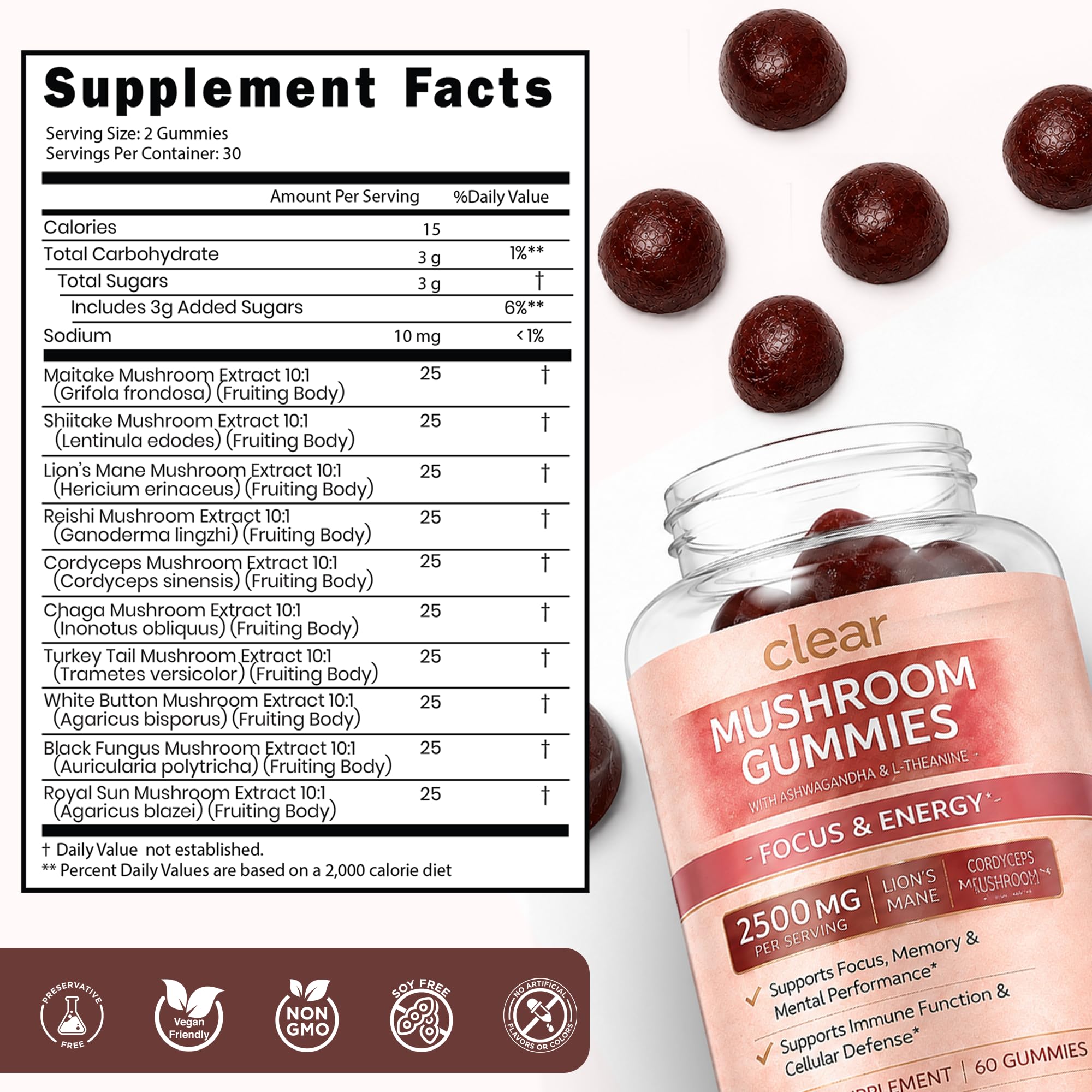 Clear Probiotics disposición de hongos frescos representando ingredientes funcionales