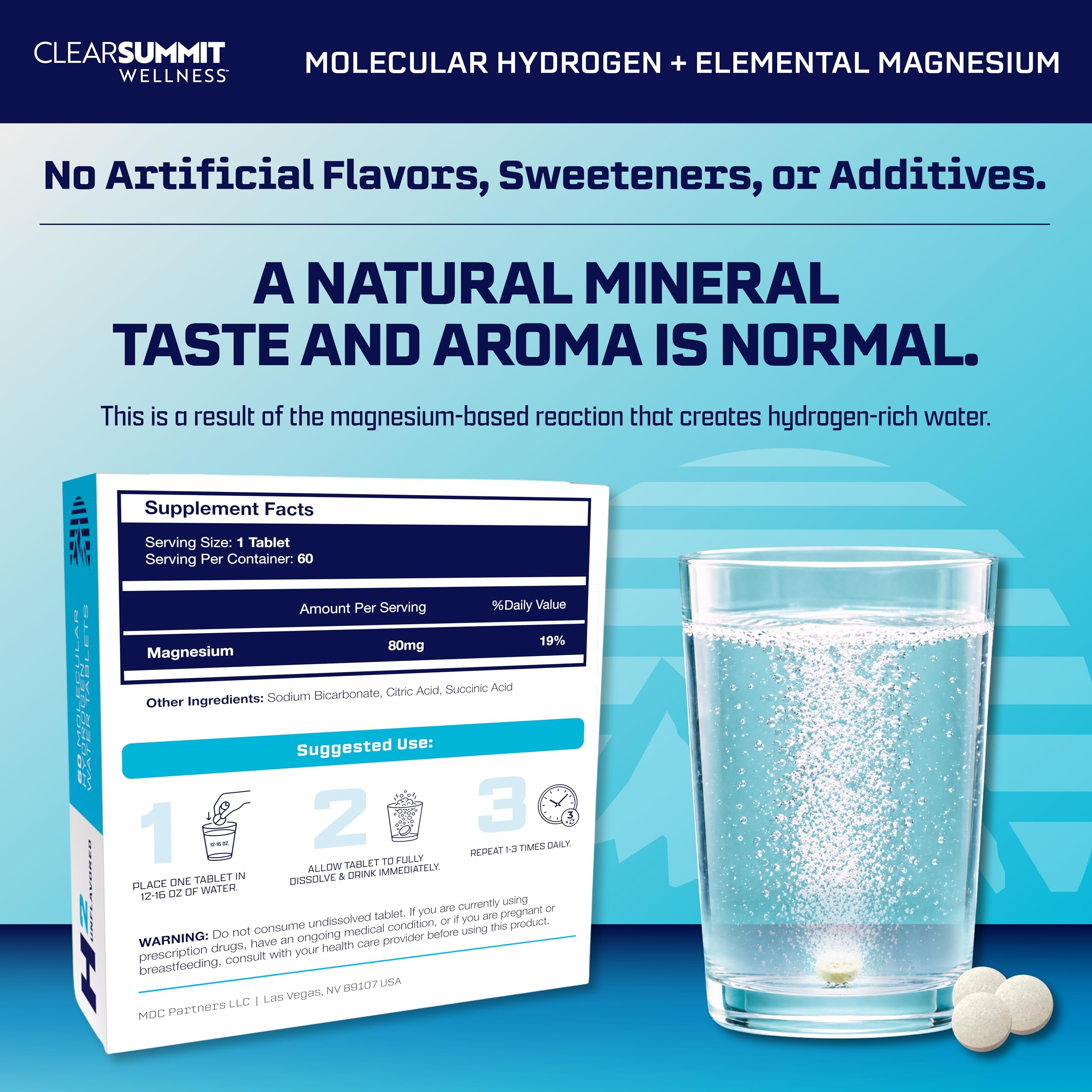ClearSummit tableta en agua generando efervescencia, beneficio rápido disolución