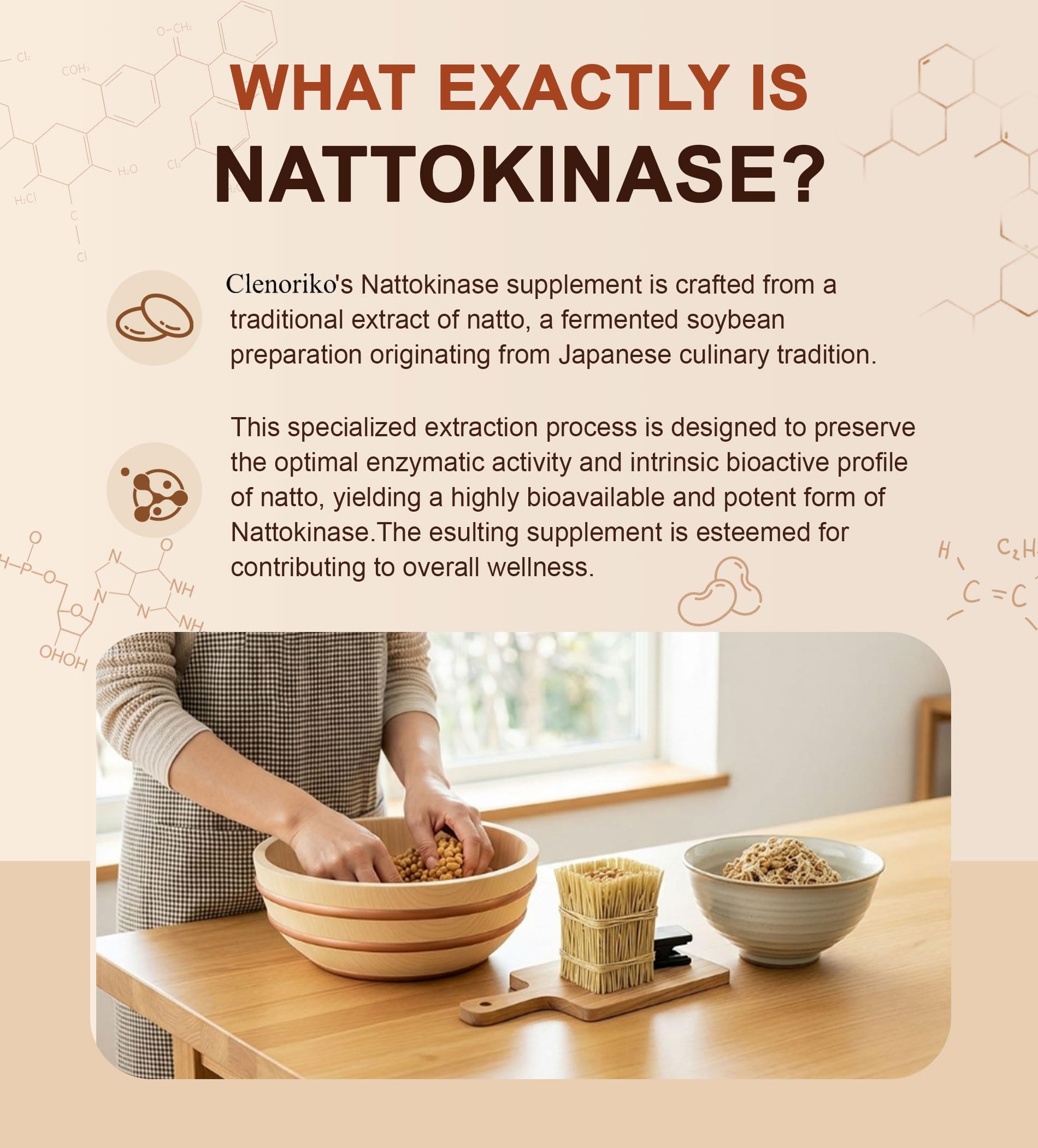 Clenoriko natto fermentado ilustrado para origen vegetal y tradición
