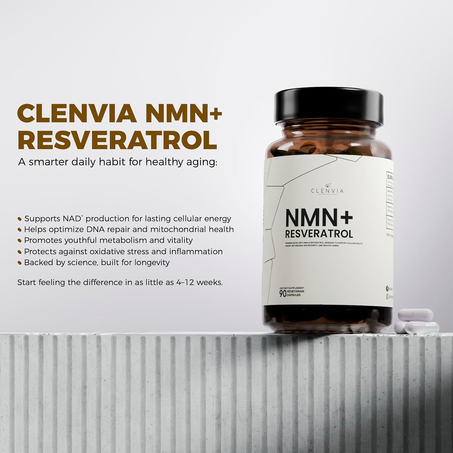 CLENVIA etiqueta nutricional ampliada, detalle de dosis y pruebas de terceras partes