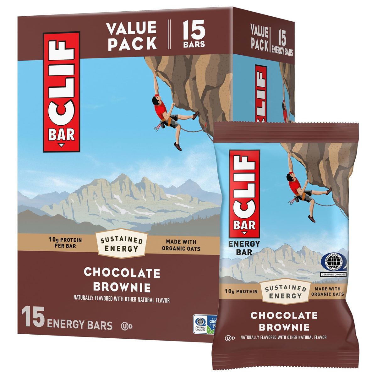 CLIF Bar frente del empaque mostrando sabor Chocolate Brownie y conveniencia