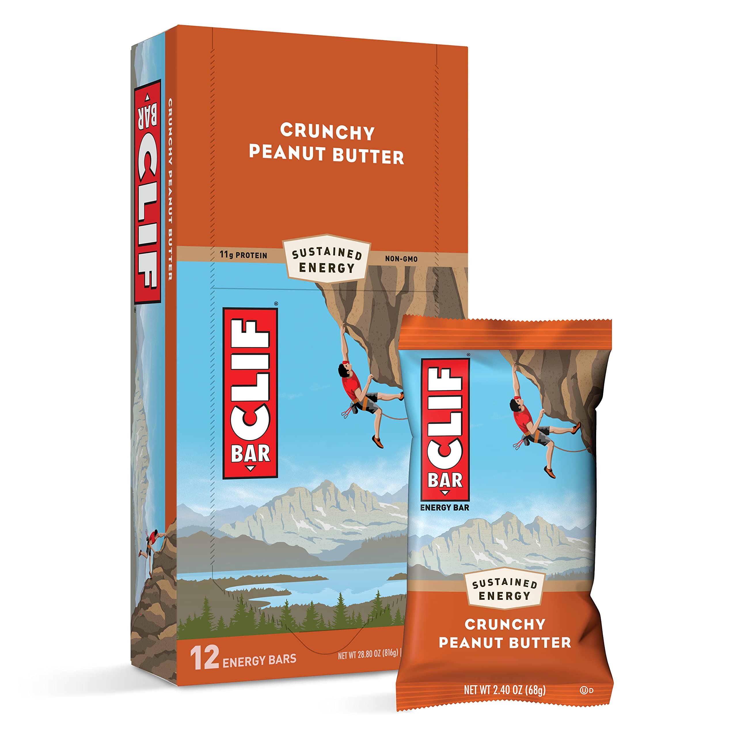 CLIF Bar frente del empaque mostrando tamaño y variedad beneficioso para llevar