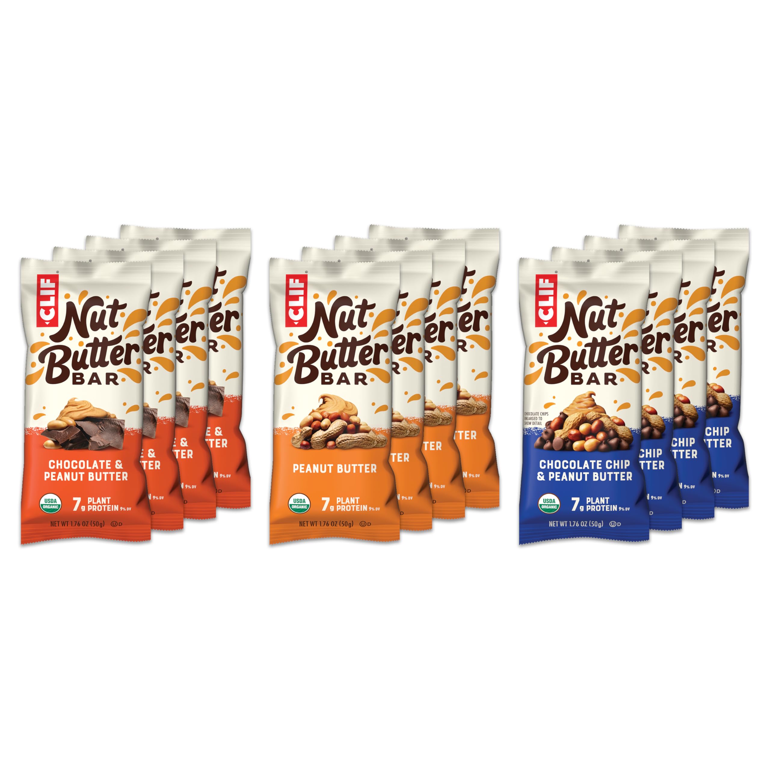 CLIF Bar frente del paquete variedad mostrando sabores y beneficios
