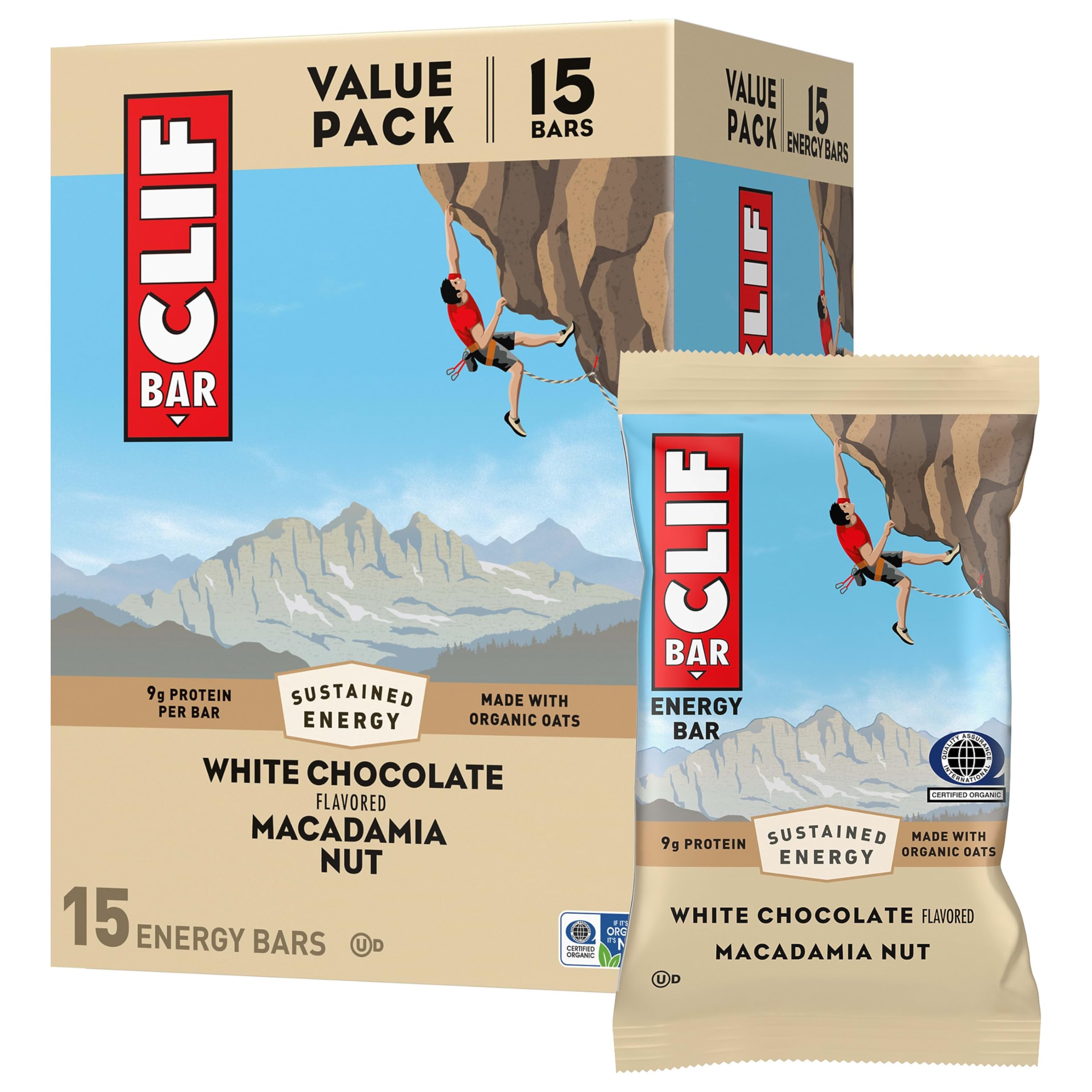 CLIF Bar vista frontal de la caja mostrando 15 unidades y conveniencia