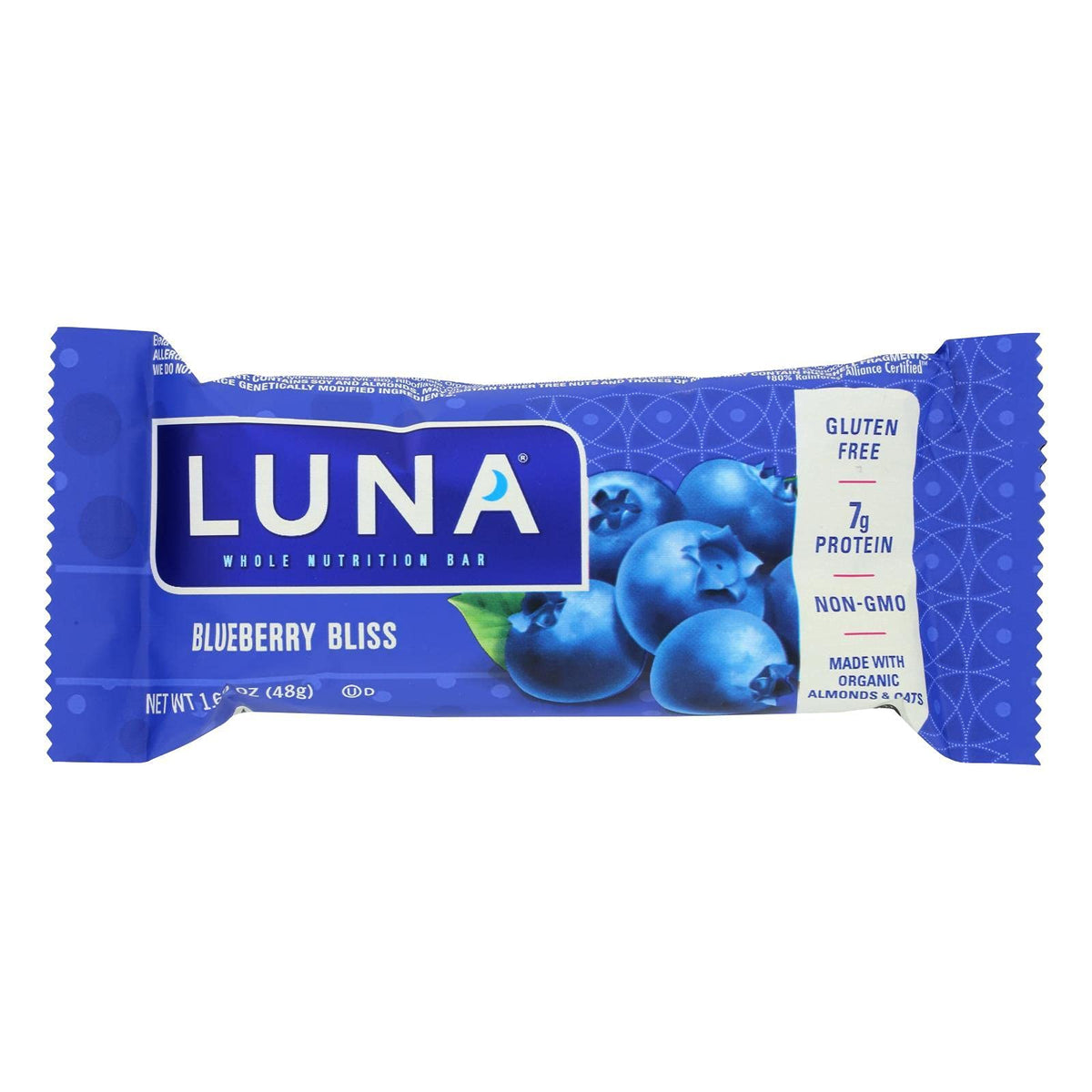 Clif Bar Luna Bar vista frontal del paquete con información y beneficio portátil