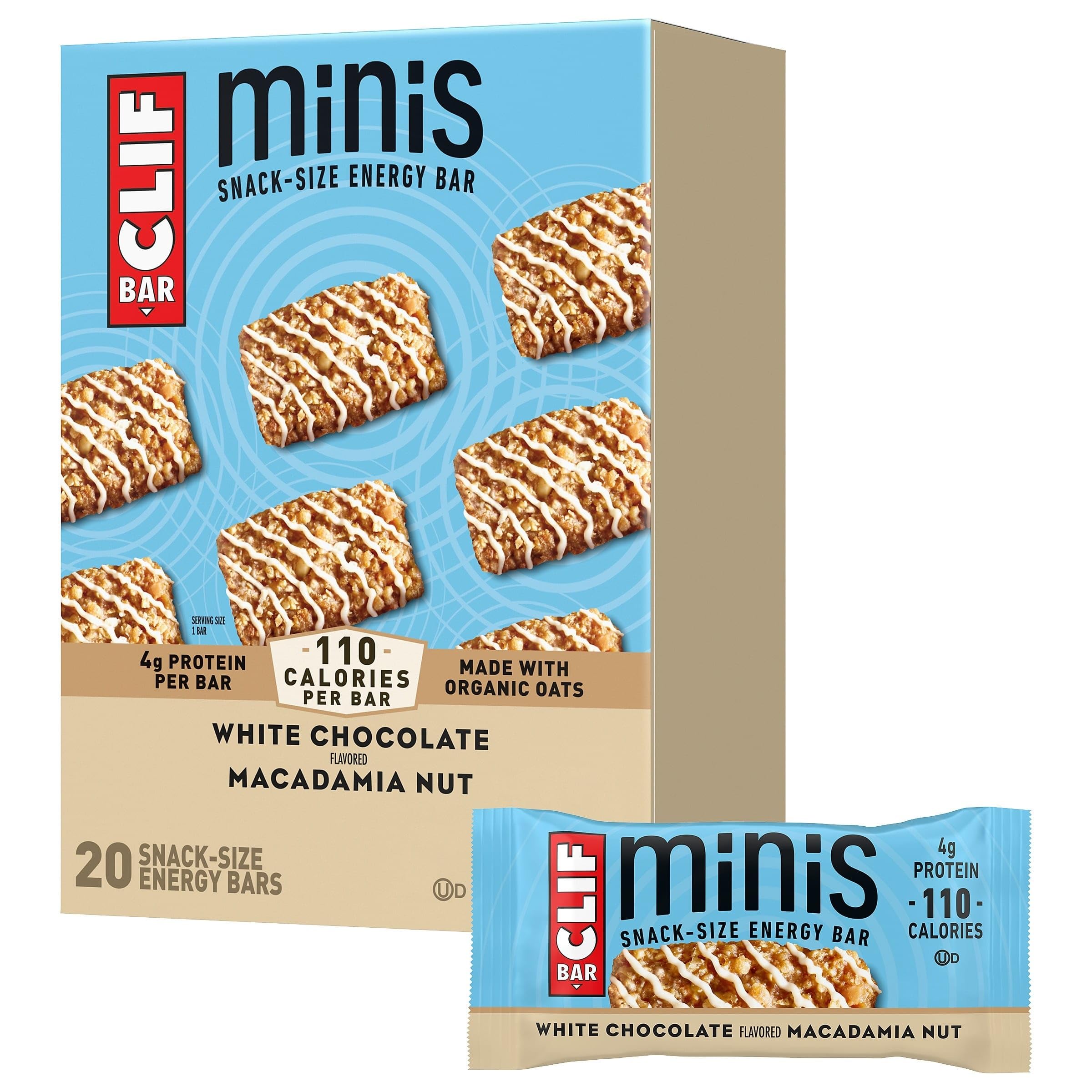 CLIF Bar paquete frontal mostrando mini barras y sabor white chocolate macadamia