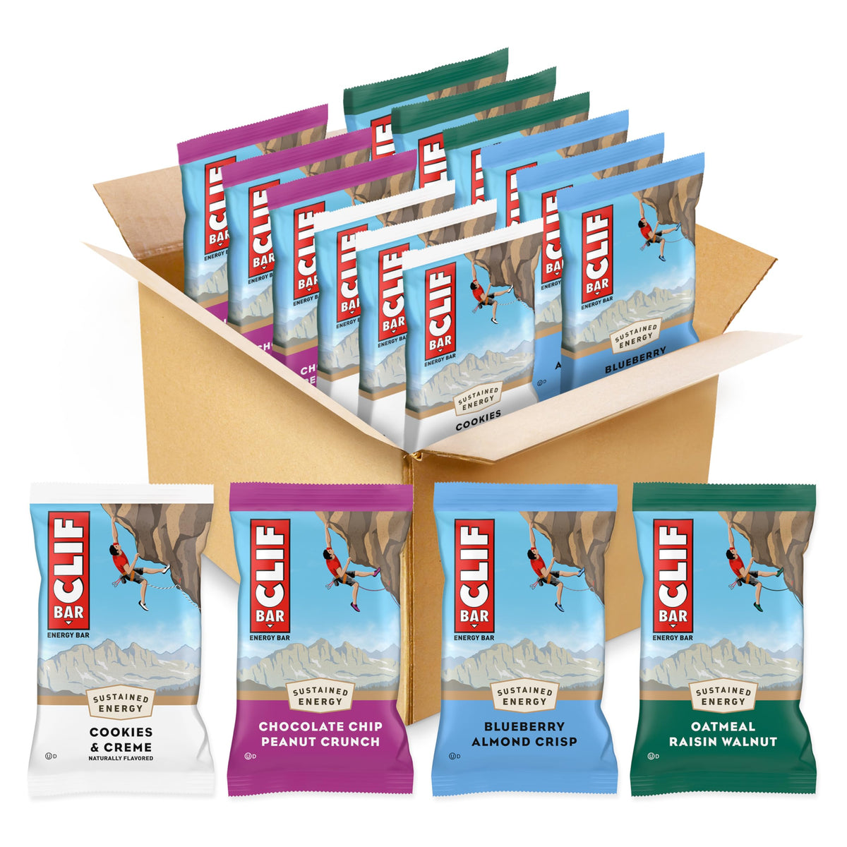 CLIF Bar vista frontal del pack variedad que facilita elección rápida
