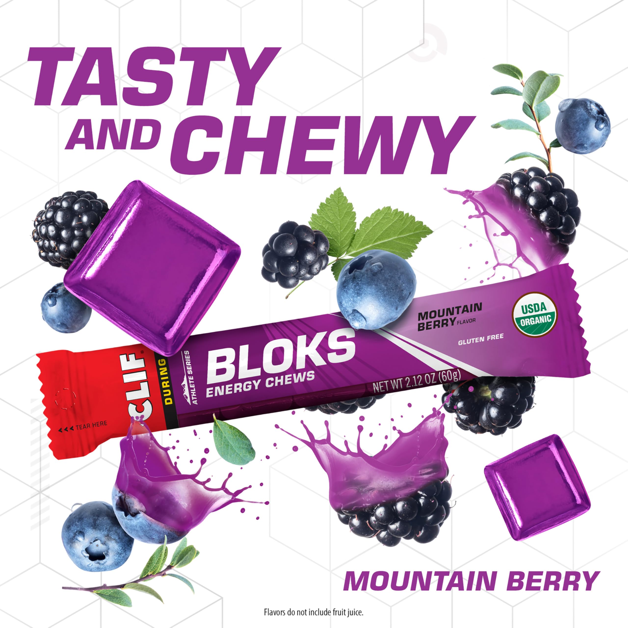 CLIF Bar CLIF BLOKS primer plano de cubos, textura blanda que facilita masticar en movimiento