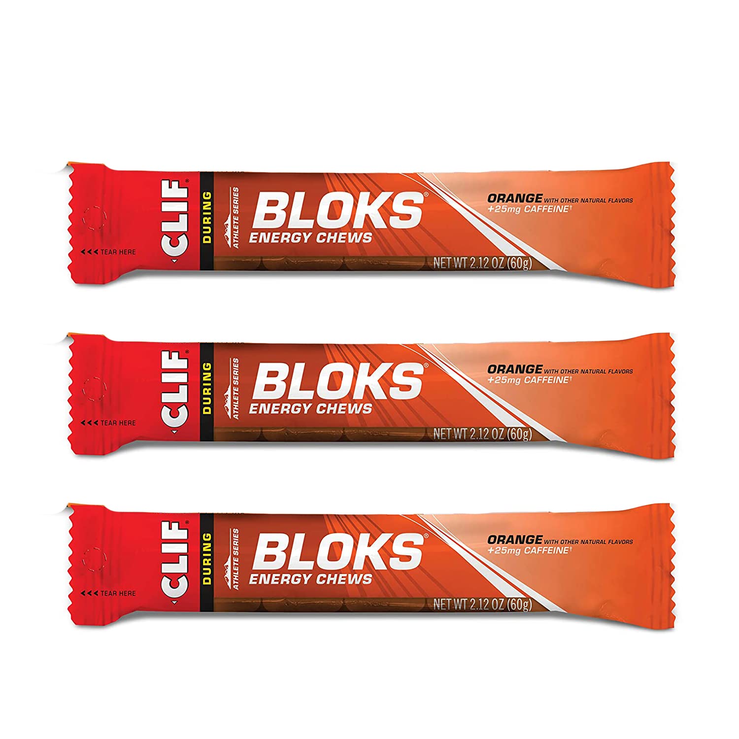 Clif Bloks empaque frontal naranja mostrando el paquete y facilidad de transporte