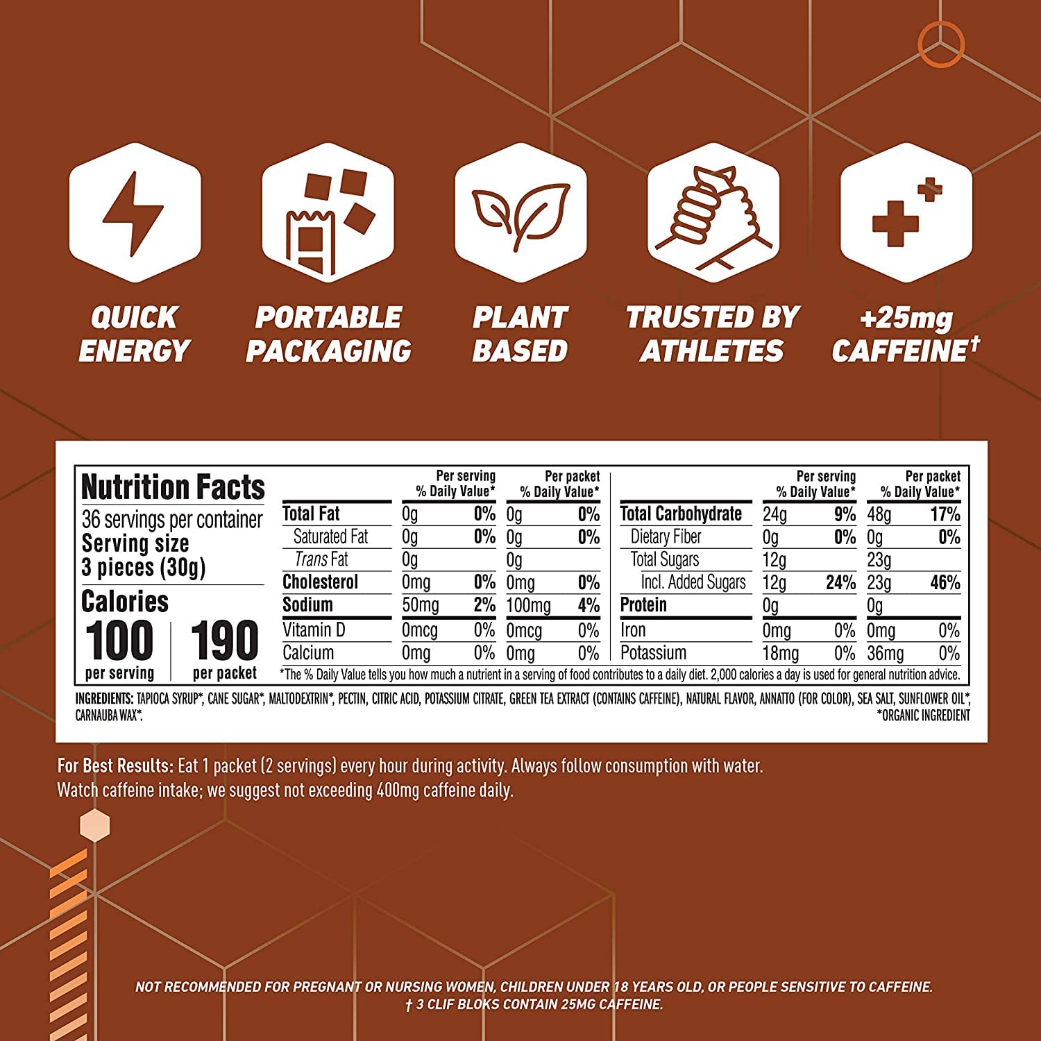 Clif Bloks etiqueta de ingredientes destacando plant based y non-GMO beneficios