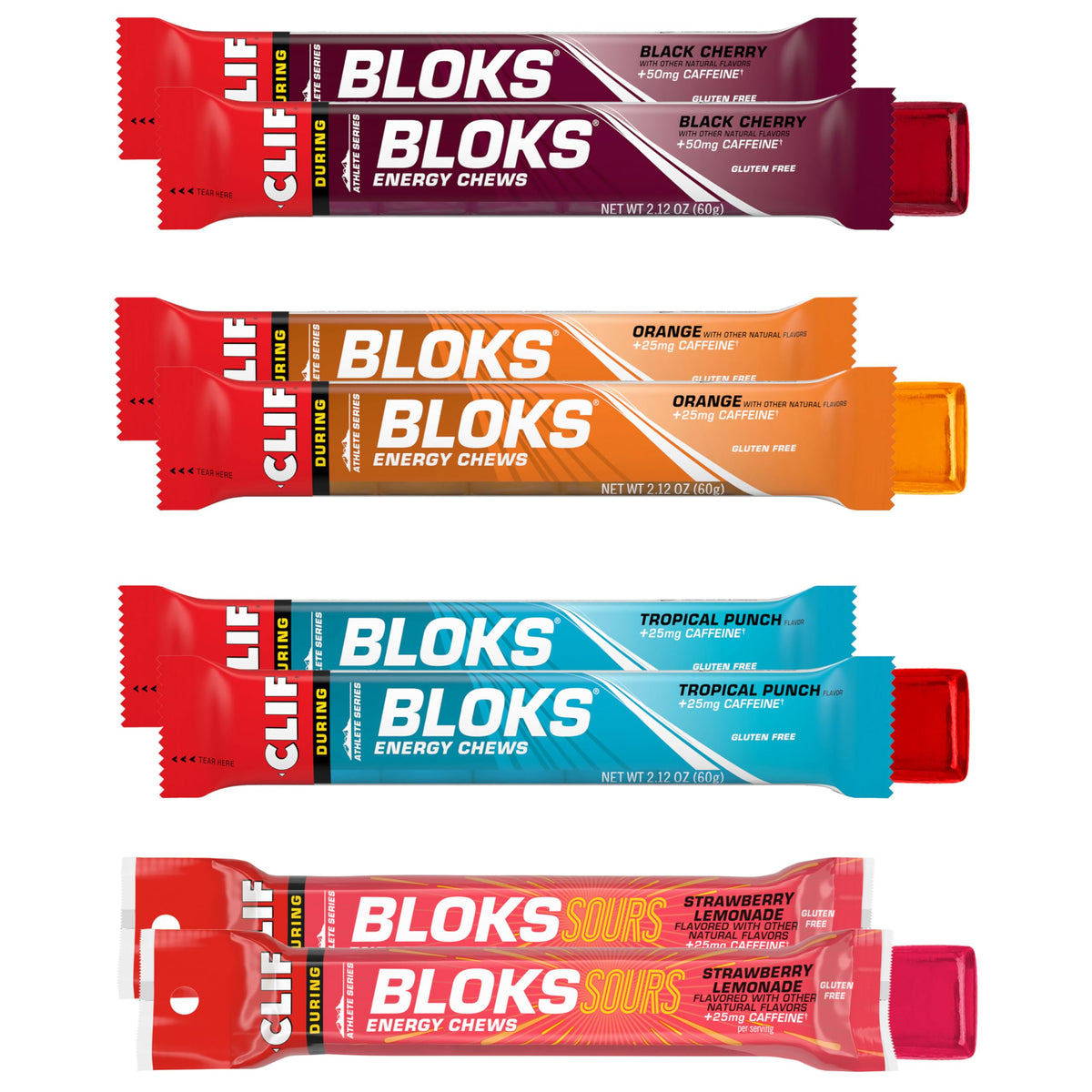 Clif Bloks vista frontal del pack variedad, fácil de llevar y elegir sabor