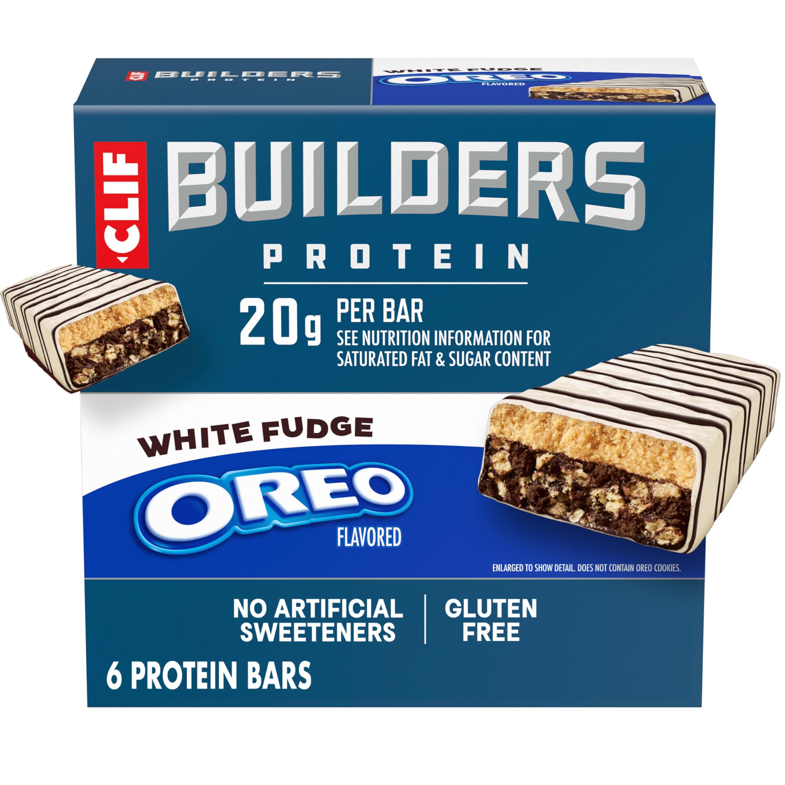 CLIF BUILDER'S empaque frontal mostrando sabor white fudge OREO y ventaja proteica