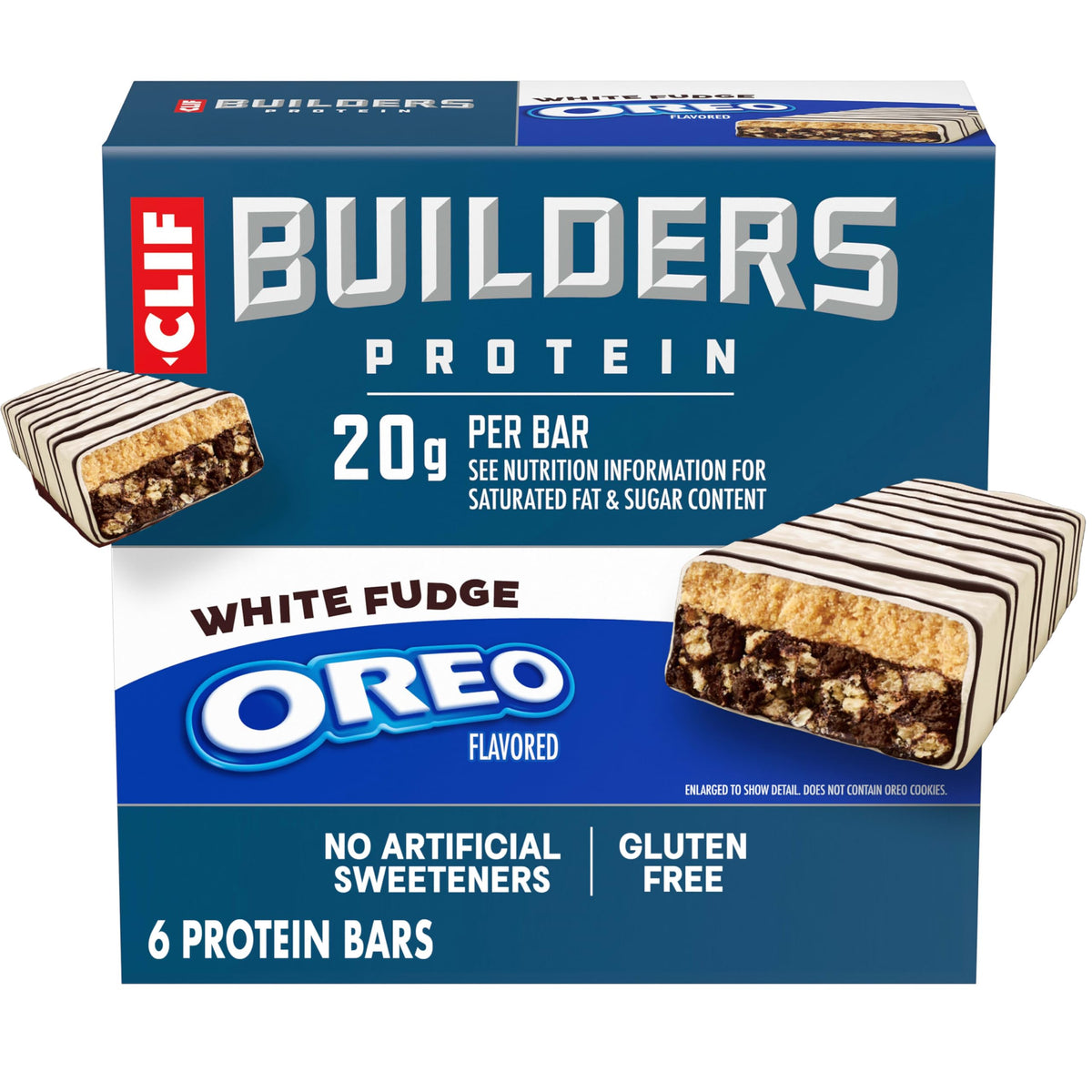 CLIF BUILDER'S empaque frontal mostrando sabor white fudge OREO y ventaja proteica