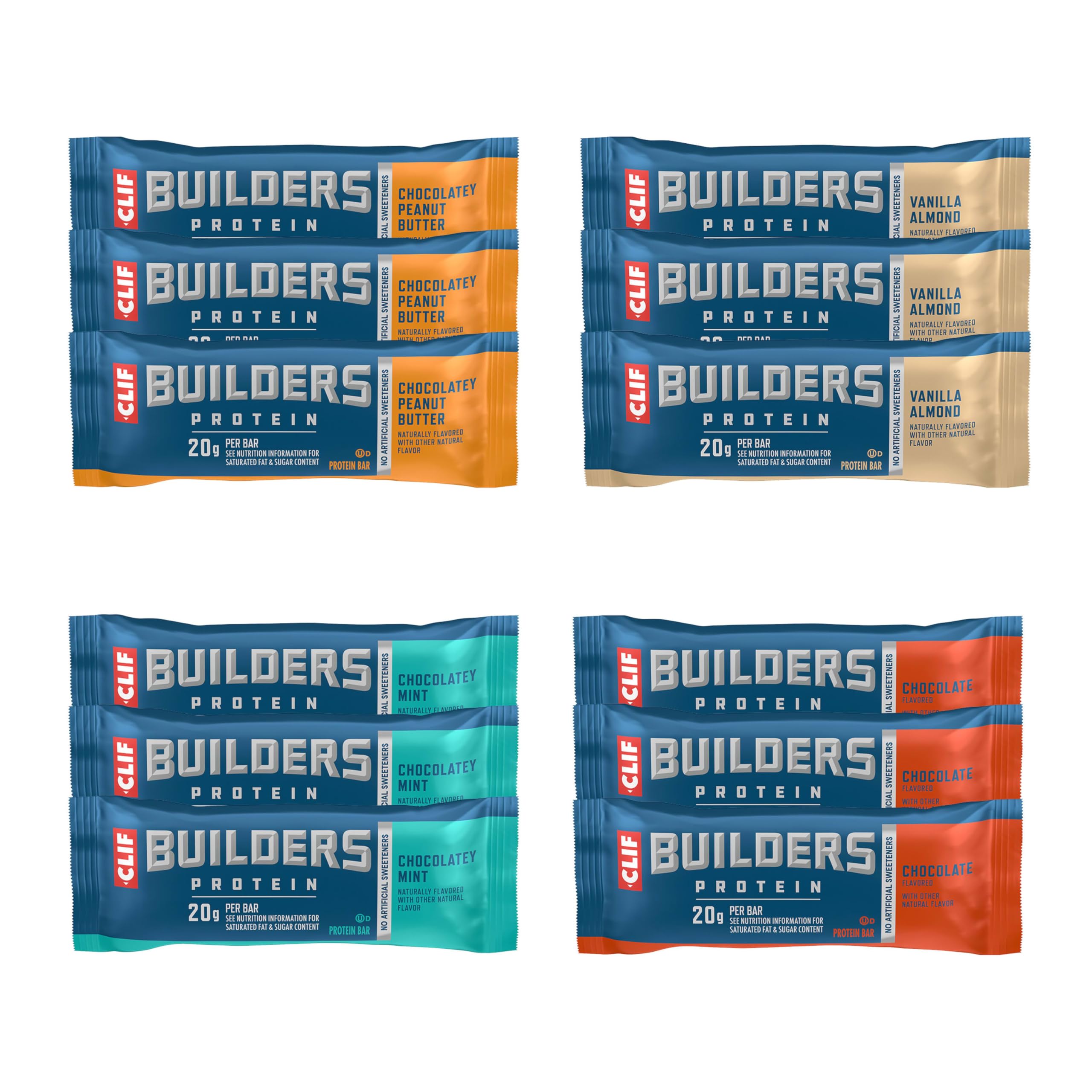 CLIF BUILDER'S caja frontal del pack variedad, muestra 12 barras y conveniencia