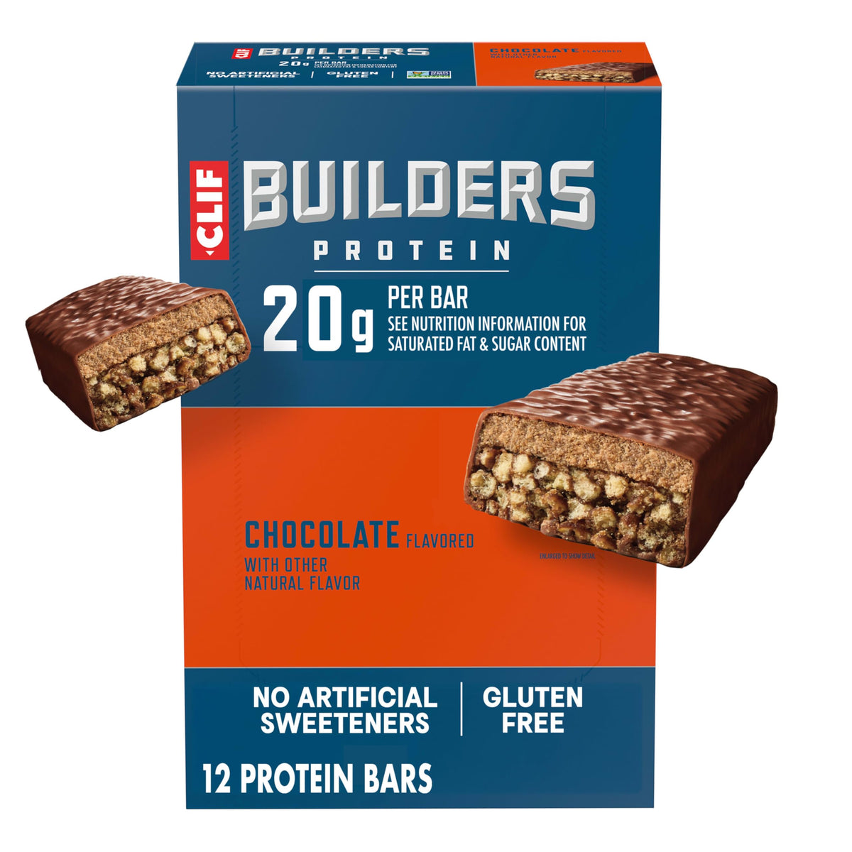 CLIF BUILDERS empaque frontal mostrando sabor chocolate y ventaja proteica