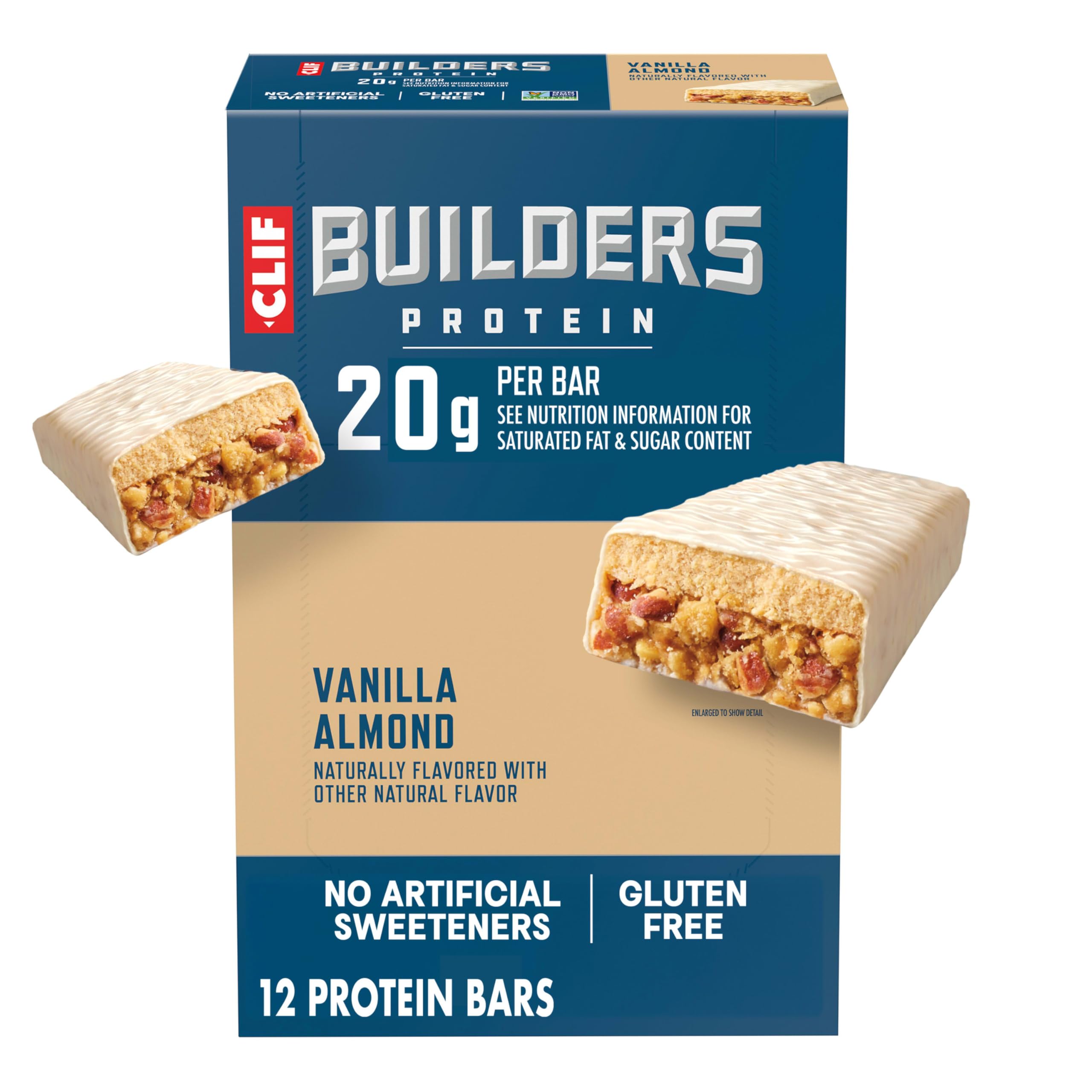 CLIF BUILDER'S vista frontal del paquete, muestra sabor vainilla almendra y beneficio proteína