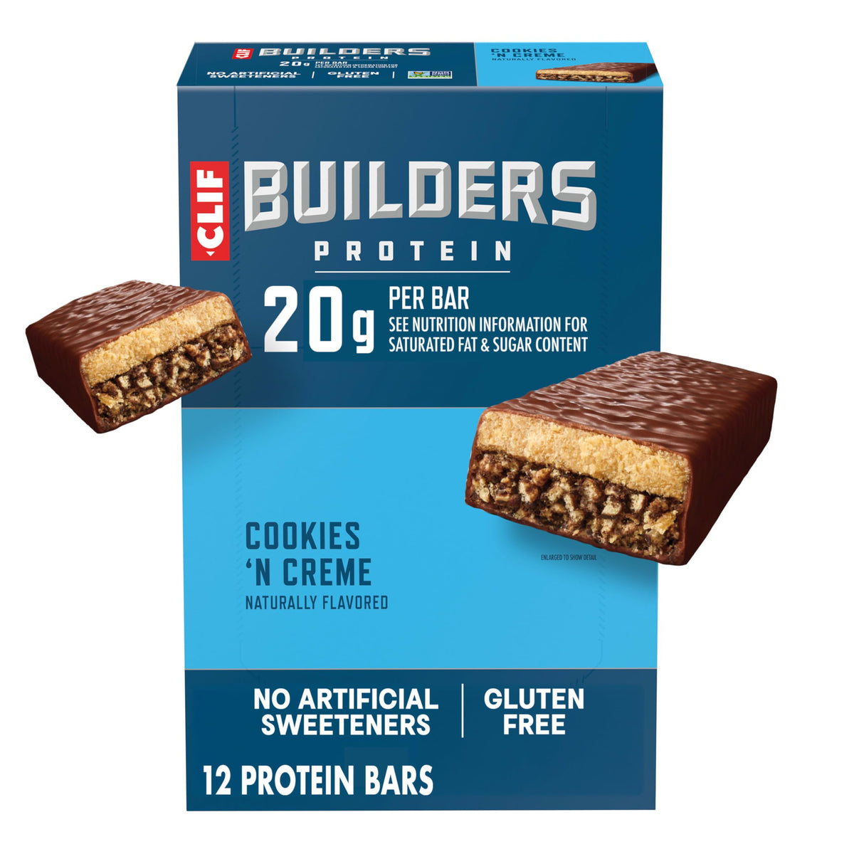 CLIF BUILDERS paquete frente mostrando sabor y beneficio práctico