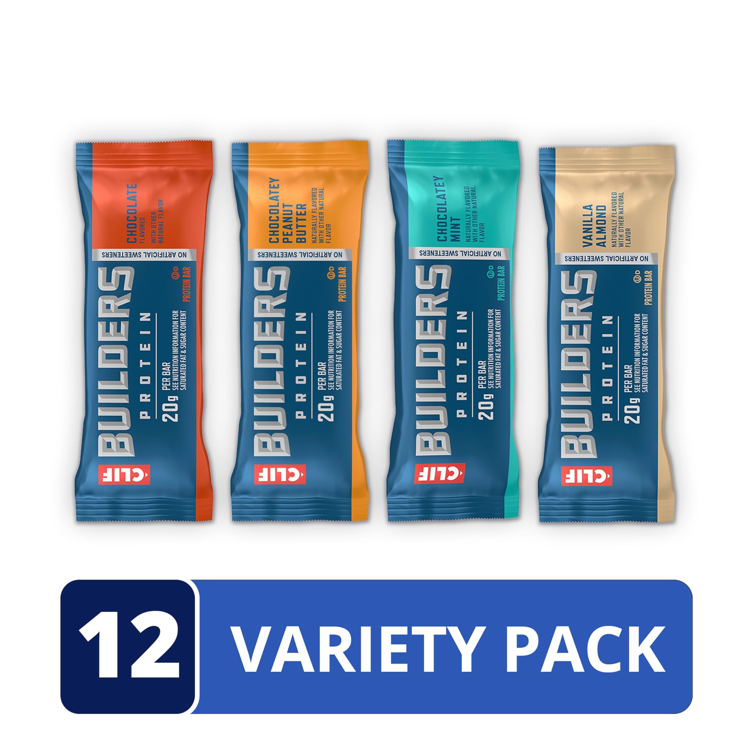 CLIF BUILDER'S cuatro sabores dispuestos, variedad de opciones sabrosas